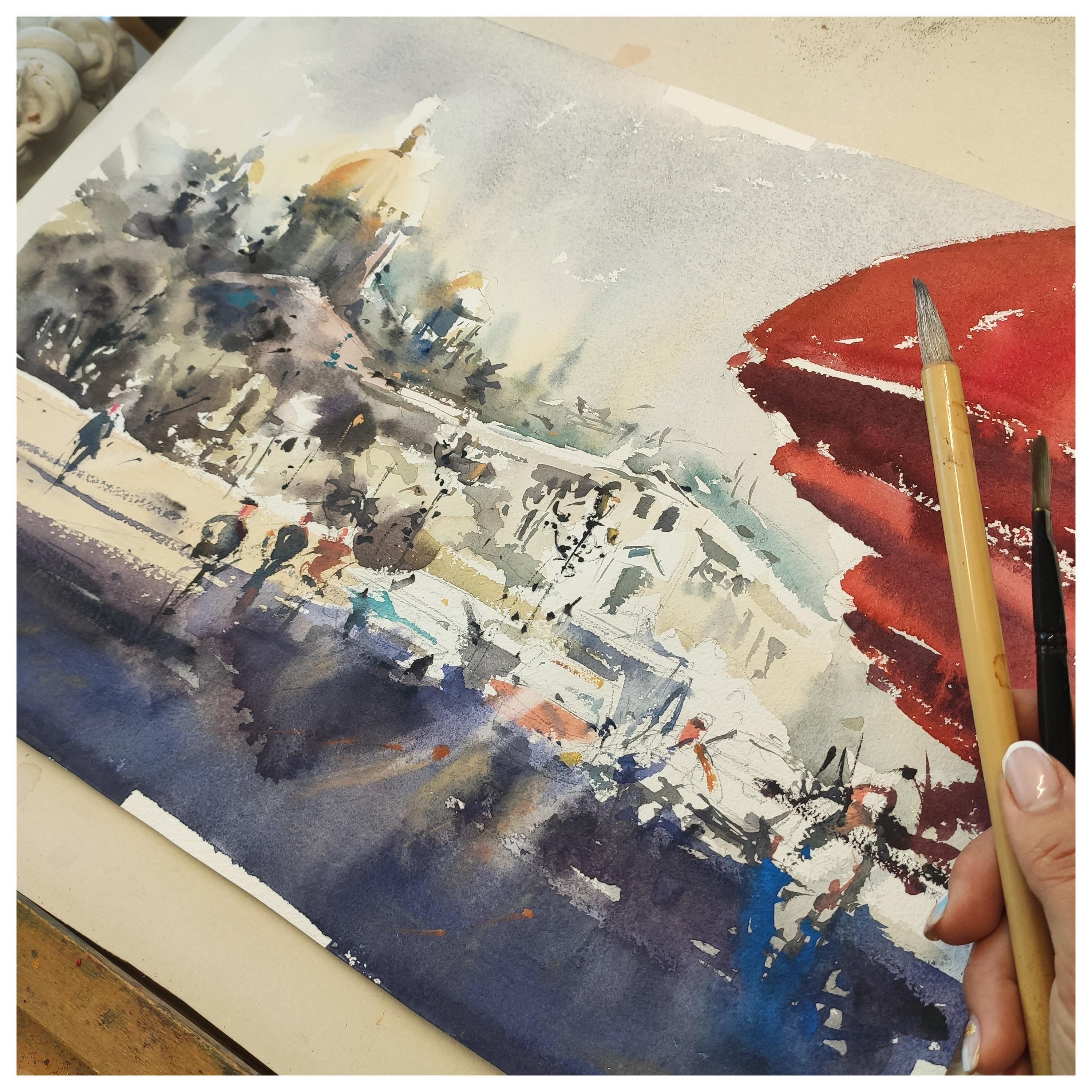 City landscape Saint Petersburg Watercolor painting - Gray Landscape Art by Irina Pronina