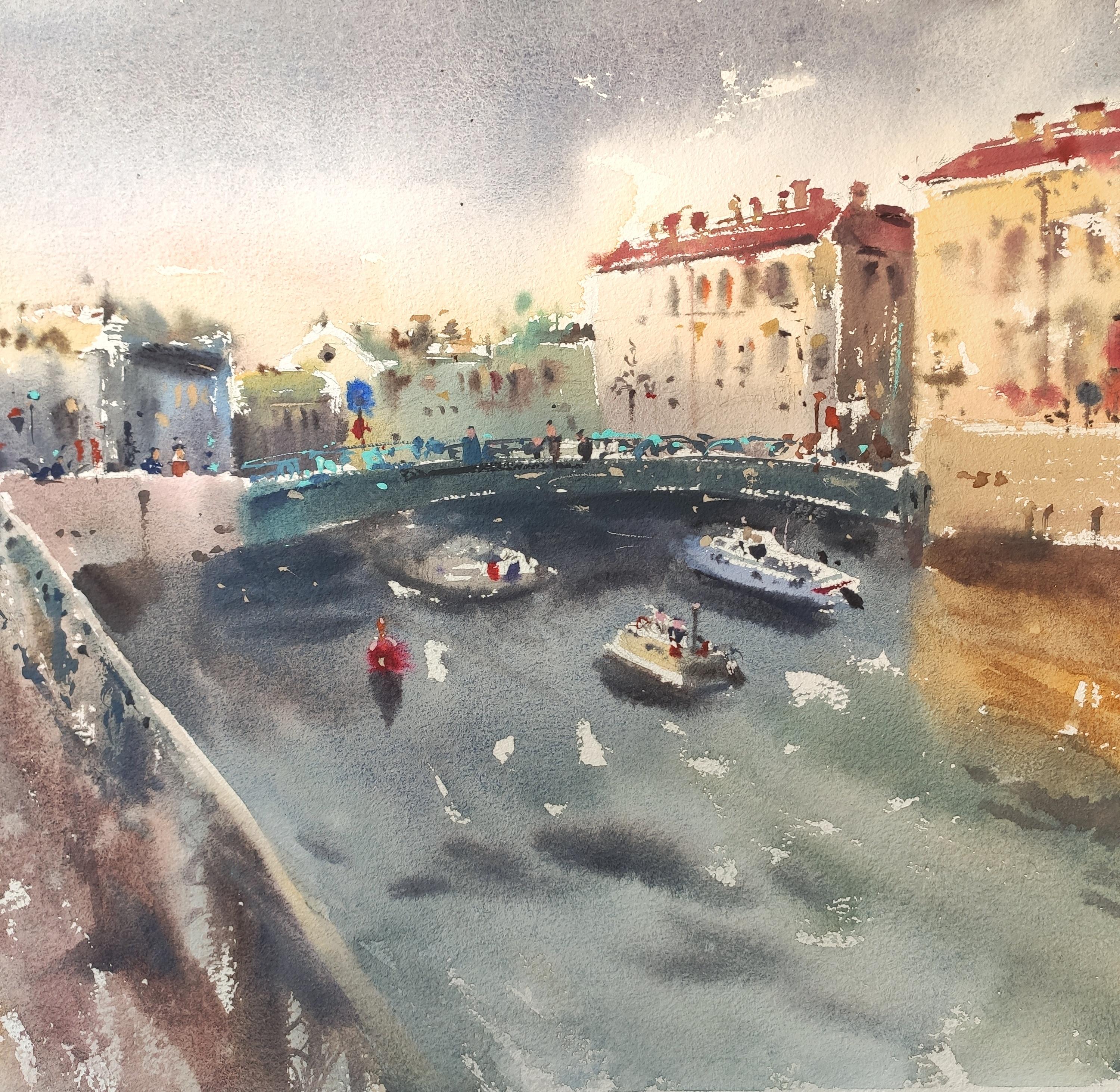 Abstract city landscape Watercolor painting - Realist Art by Irina Pronina 