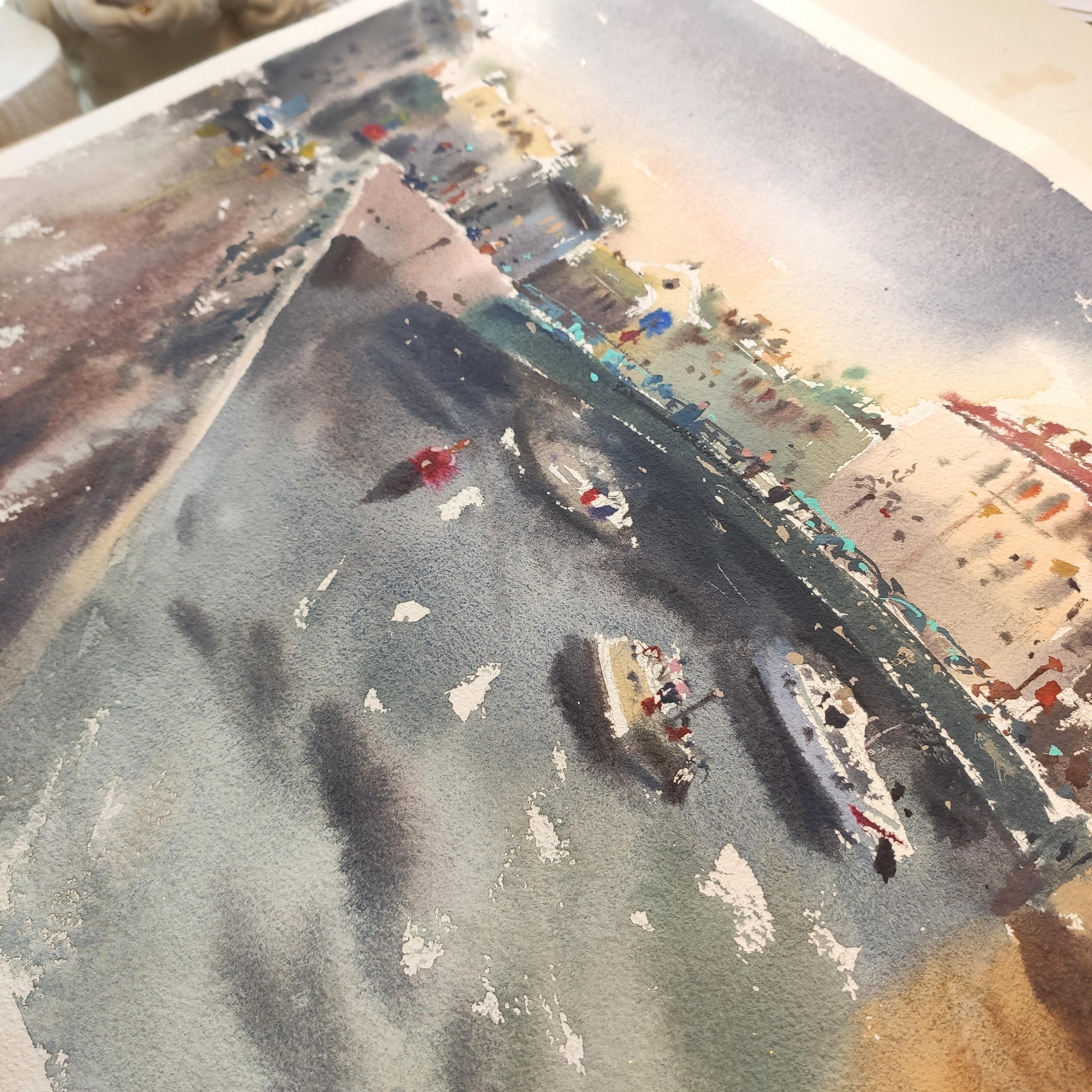 Abstract landscape of the city in watercolor - a landscape about a warm evening in beautiful St. Petersburg. Warm shades of ochre, contrasting shadows, the city in an abstract style - such a painting with a view of the city in watercolor will bring
