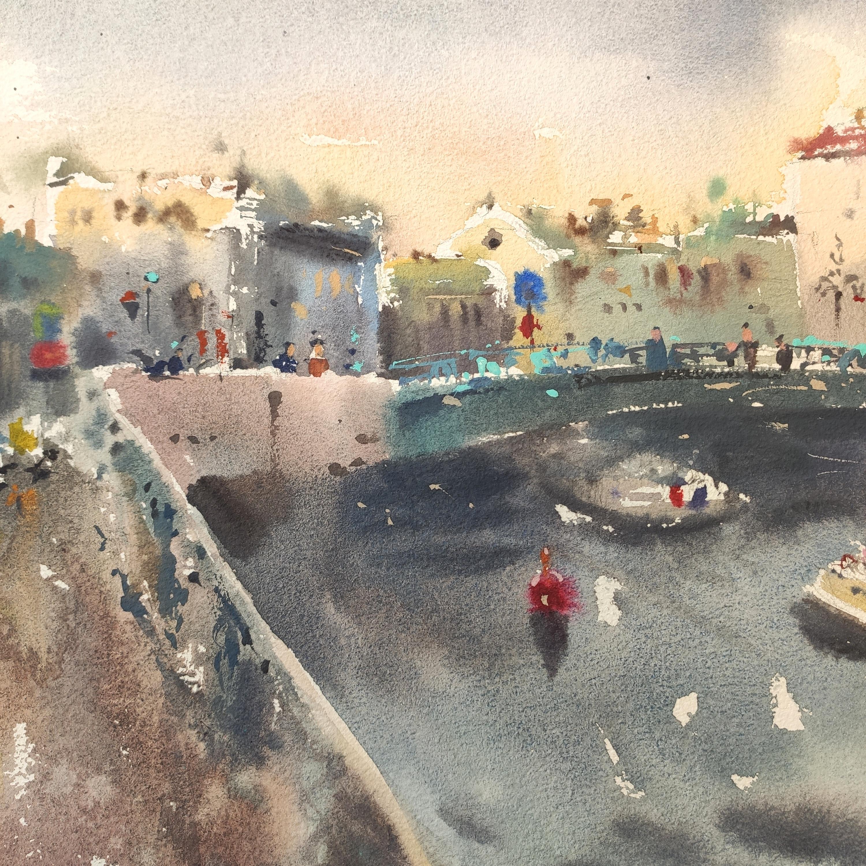 Abstract city landscape Watercolor painting - Beige Landscape Art by Irina Pronina 