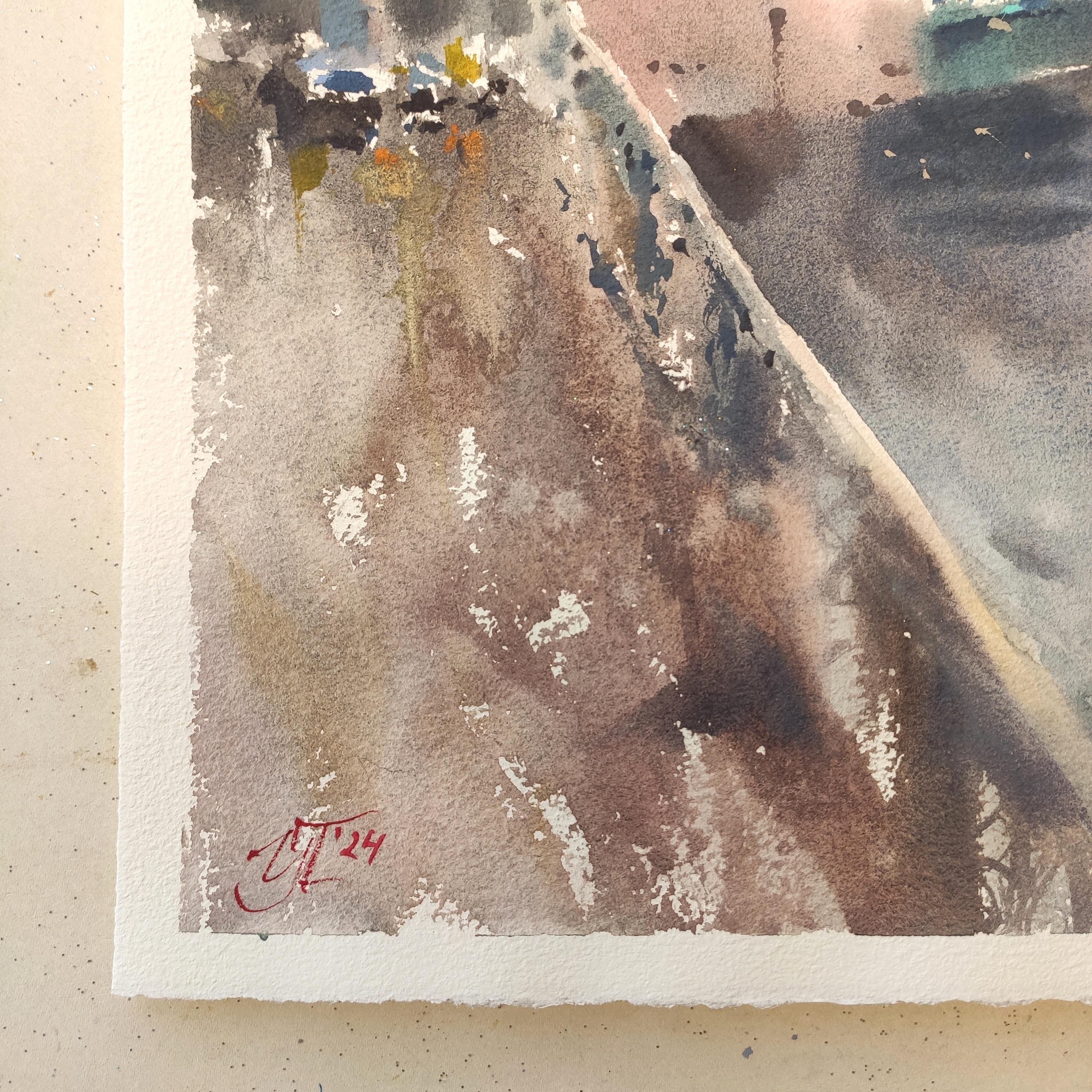 Abstract city landscape Watercolor painting For Sale 1