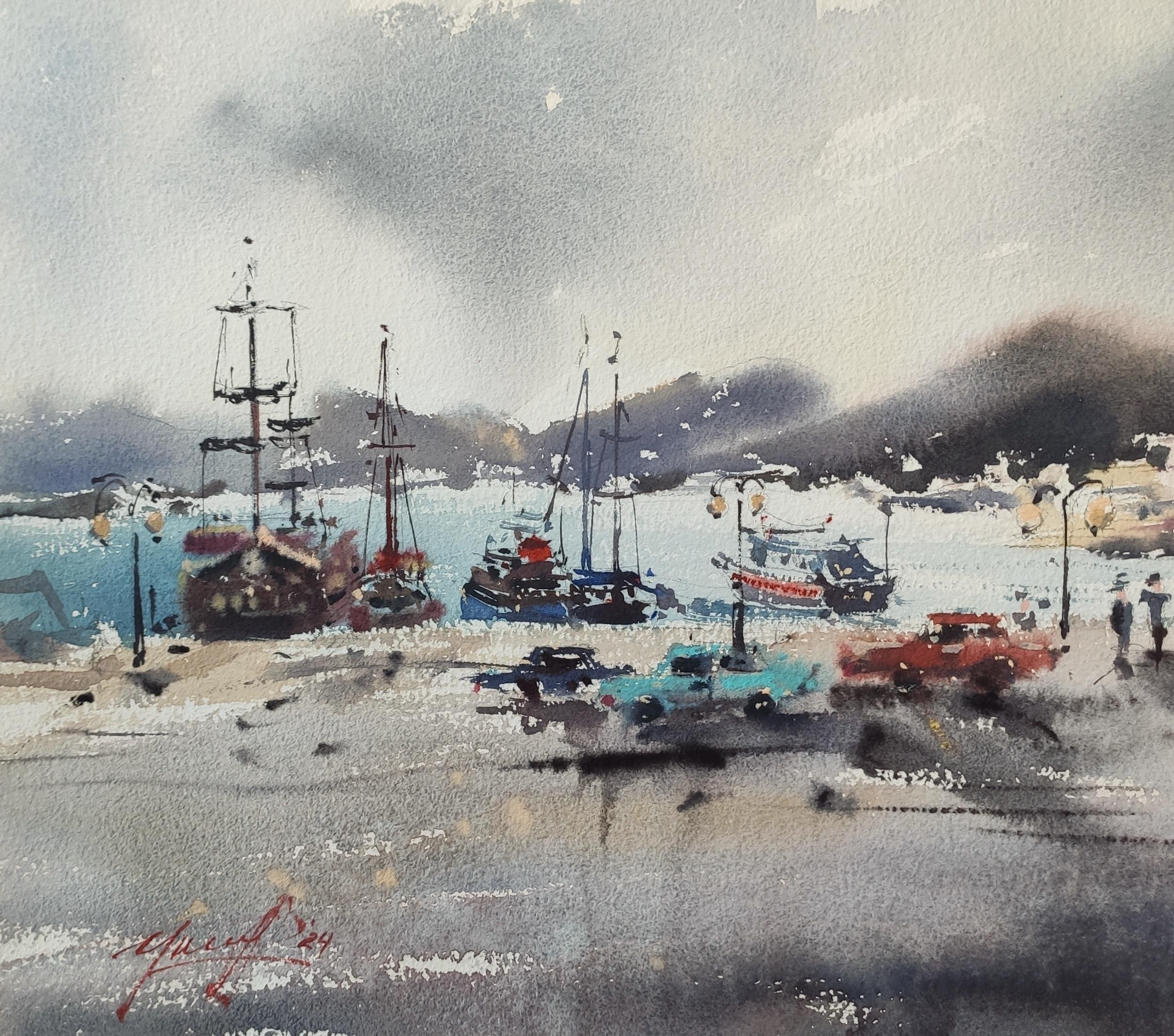 Paysage urbain Grèce Aquarelle - Réalisme Art par Irina Pronina 