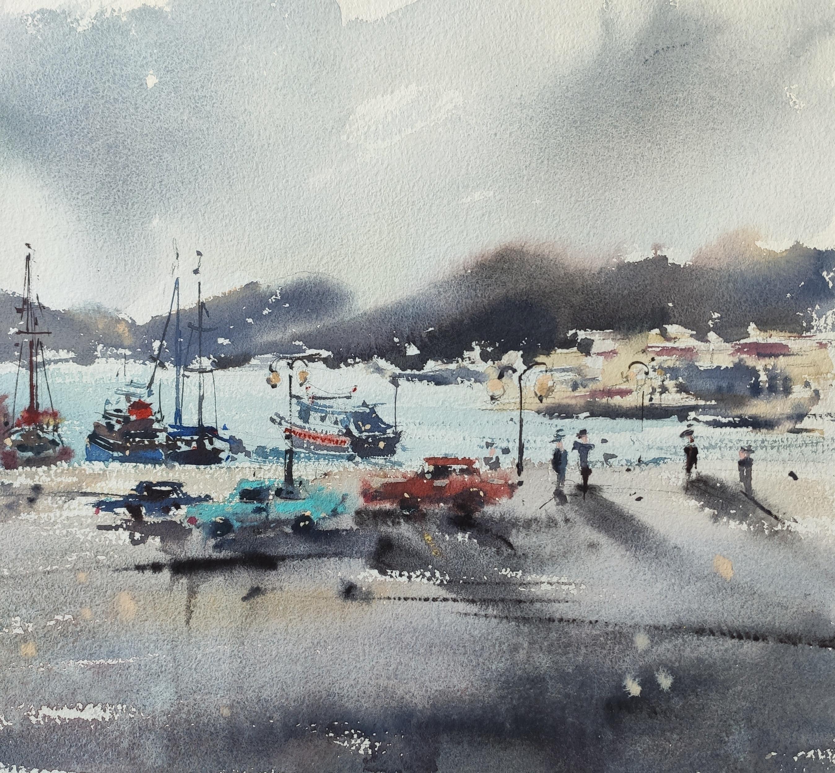 Paysage urbain Grèce Aquarelle - Gris Landscape Art par Irina Pronina 