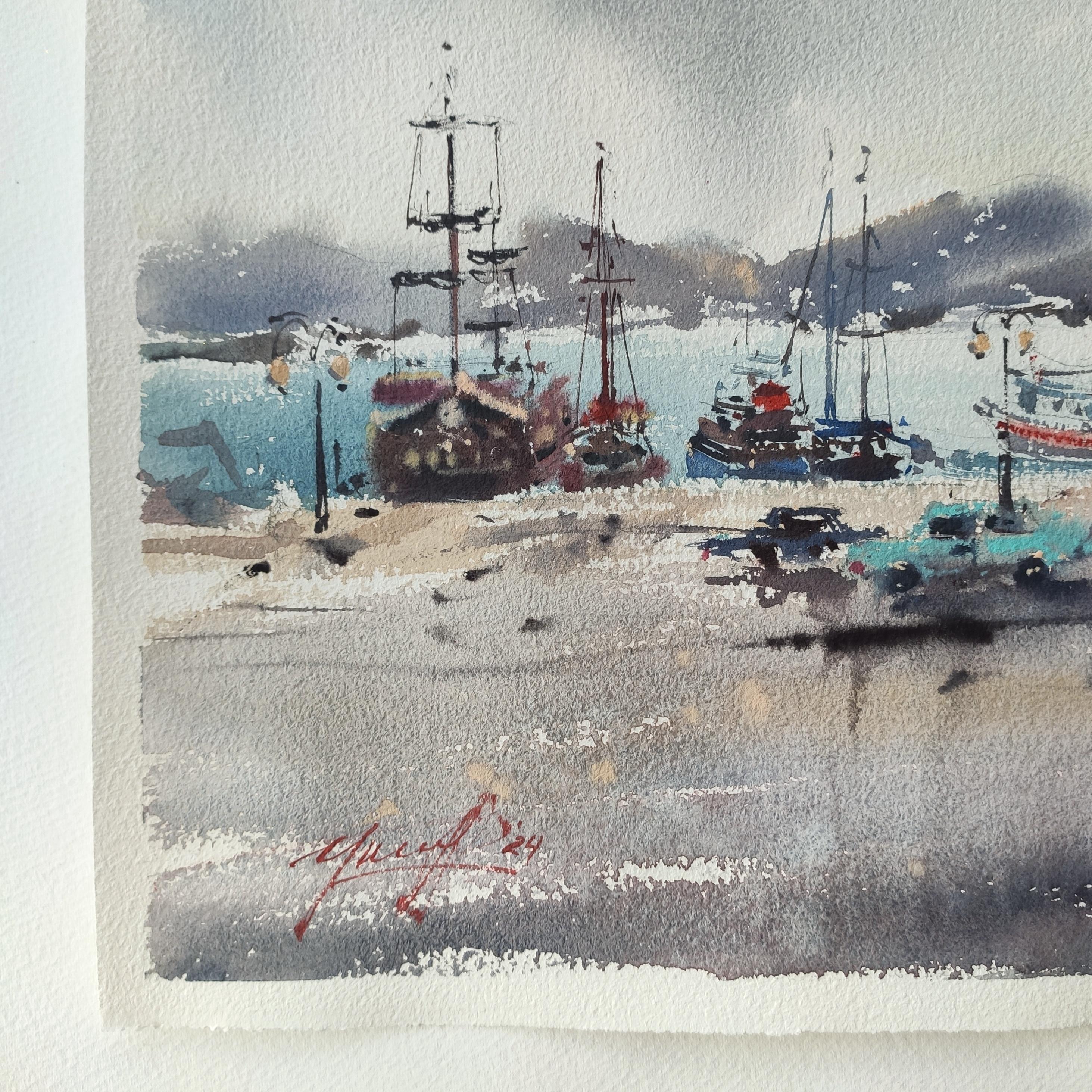 Paysage urbain Grèce Aquarelle en vente 1
