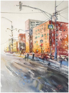 Autumn city City landscape Watercolor painting
