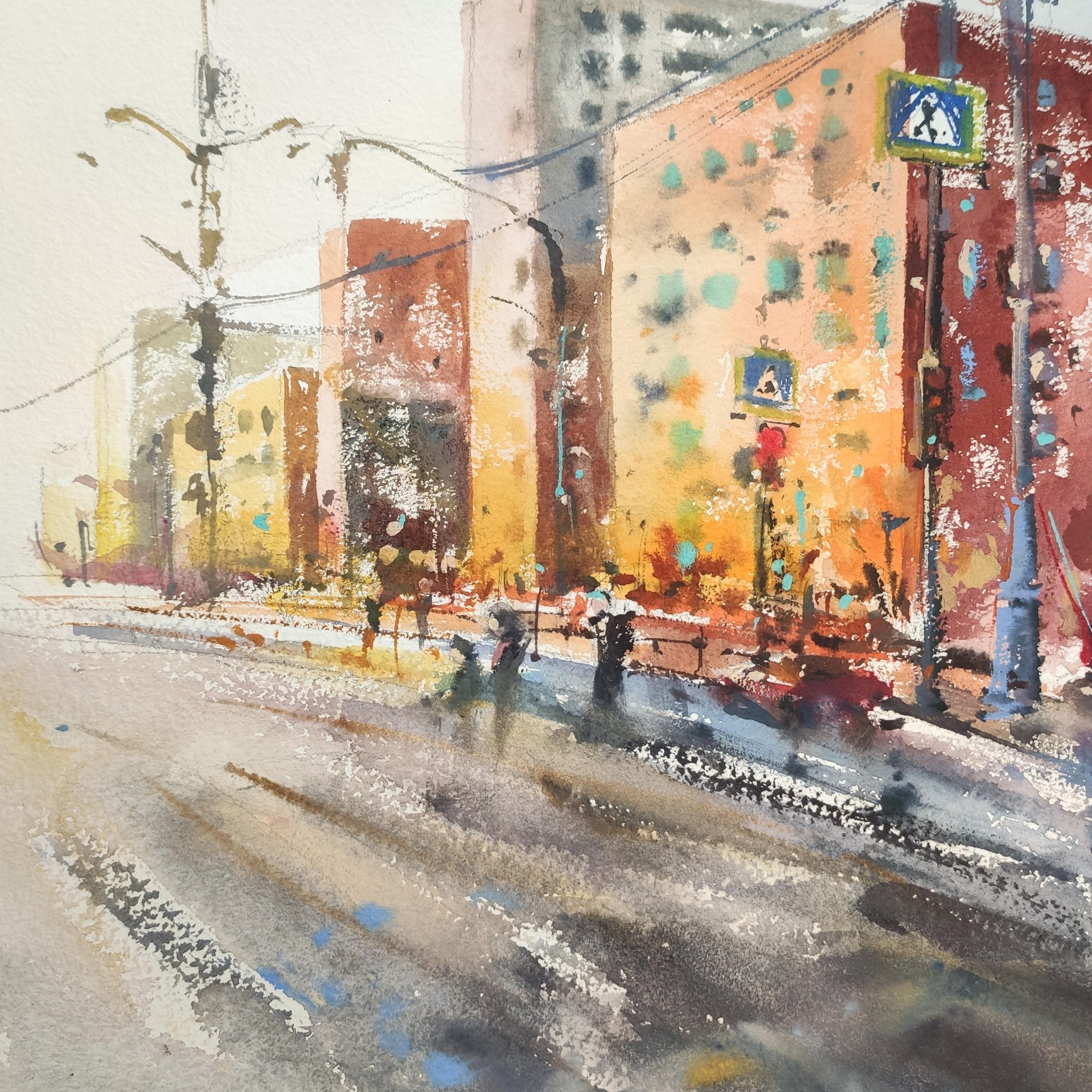 Das Aquarell einer herbstlichen Stadt ist ein malerisches Bild der Abendstimmung einer Großstadt. Moskau ist eine Stadt, die zu jeder Jahreszeit schön ist). Das impressionistische Gemälde ist in einem kontrastreichen warmen Farbton gemalt, mit