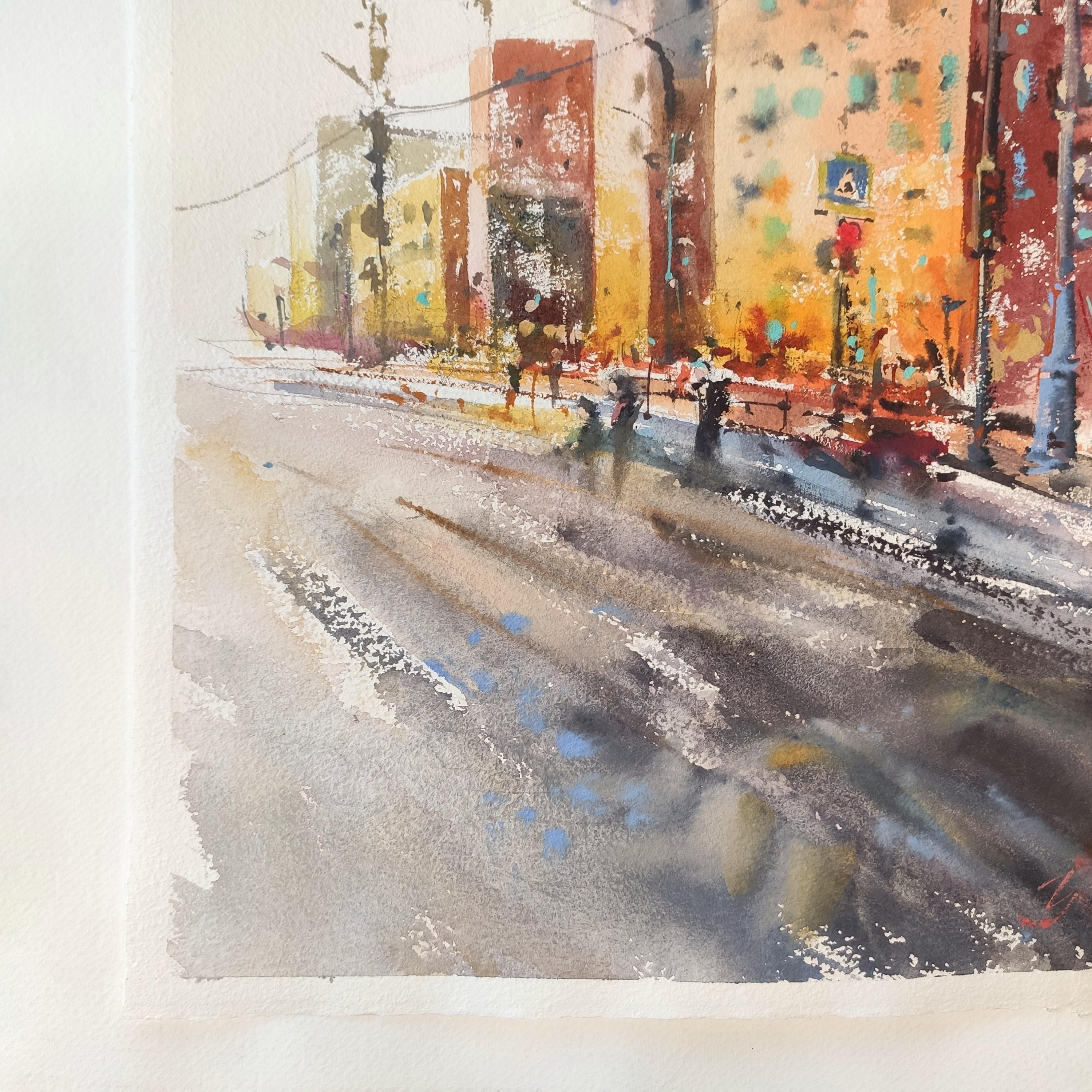 Herbst Stadt Stadtlandschaft Aquarellmalerei (Beige), Landscape Art, von Irina Pronina