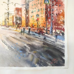 Ciudad otoñal Paisaje urbano Pintura en acuarela