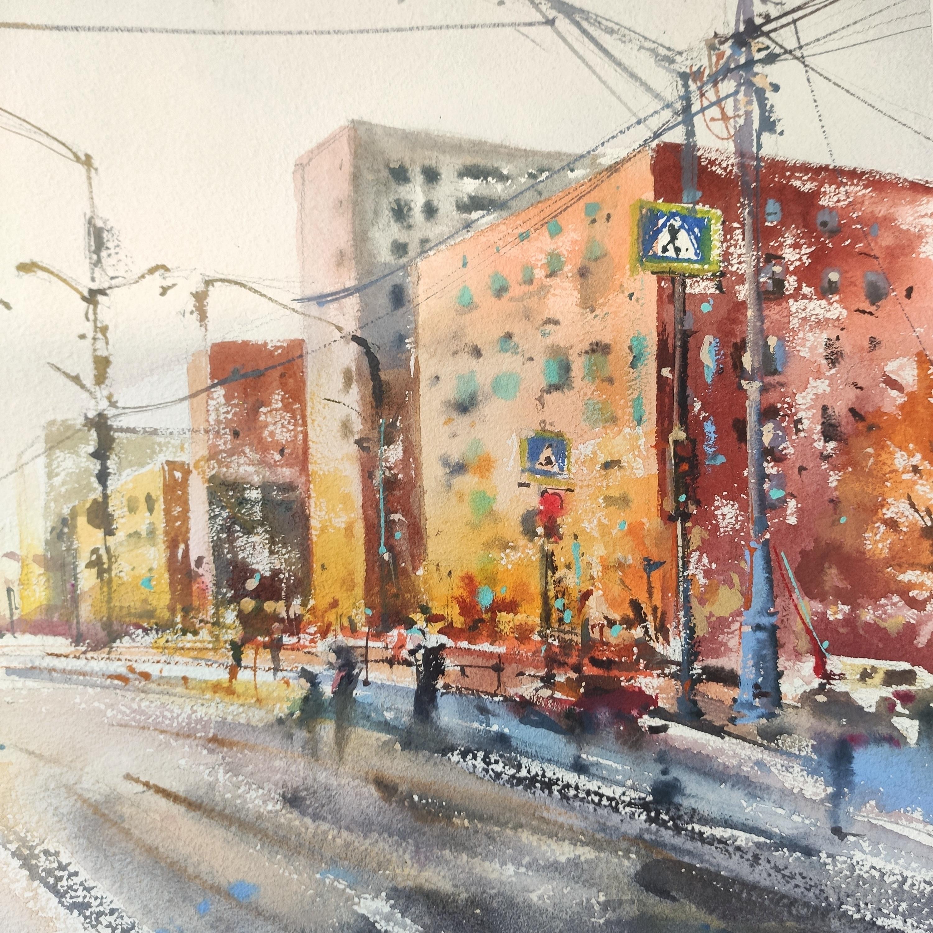 Herbst Stadt Stadtlandschaft Aquarellmalerei (Impressionismus), Art, von Irina Pronina