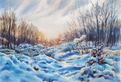 Blue winter field Watercolor painting