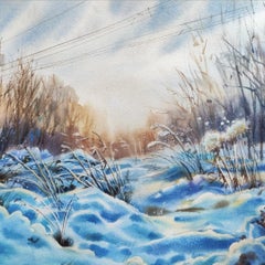 Blue winter field Watercolor painting