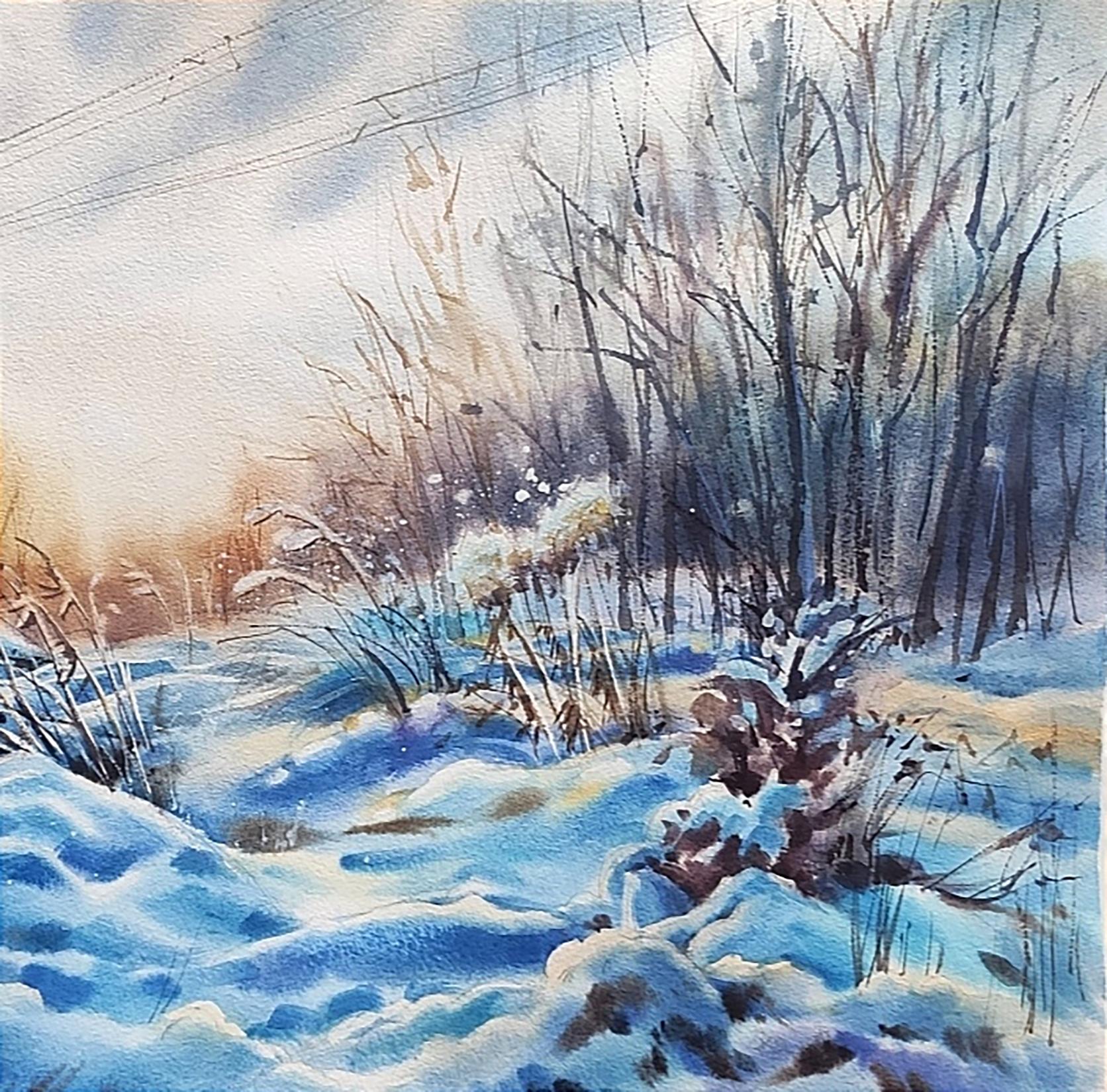Campo azul de invierno Pintura en acuarela - Landscape Art Gris de Irina Pronina 