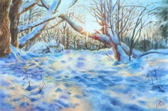 Winter sunset Watercolor painting