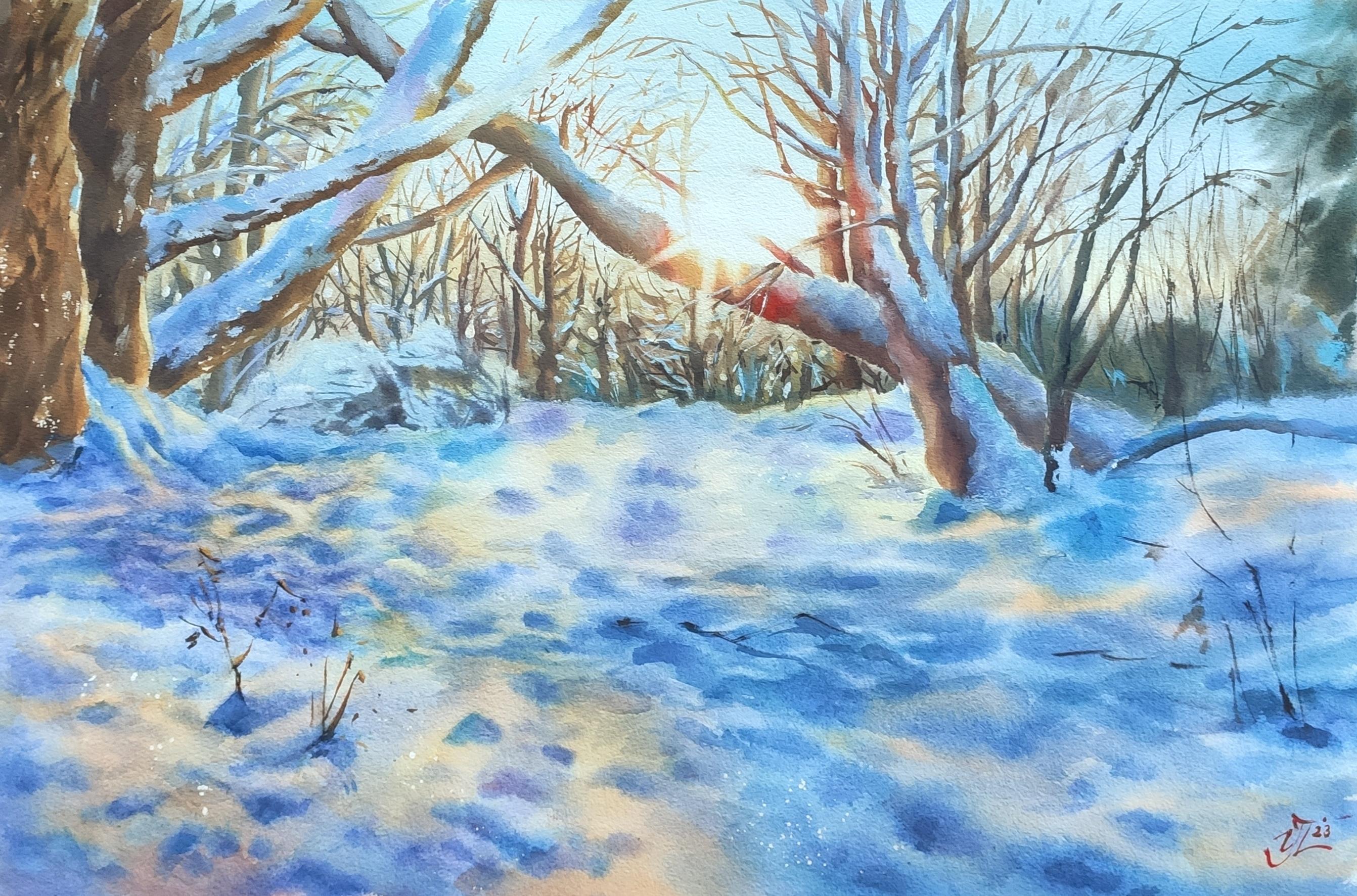 Atardecer de invierno Pintura en acuarela - Art Realista de Irina Pronina 
