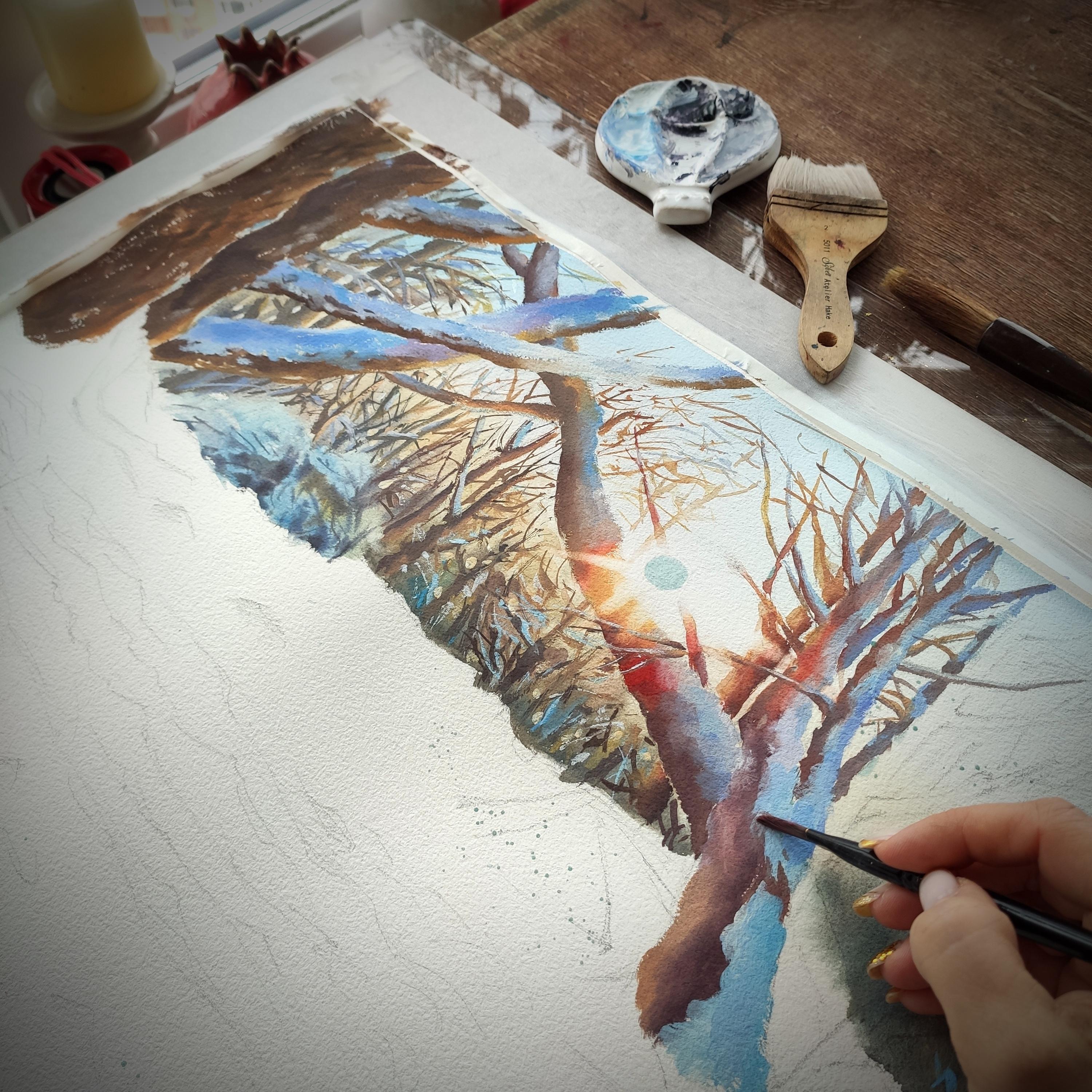 Atardecer de invierno Pintura en acuarela - Art de Irina Pronina 