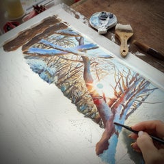 Winter sunset Watercolor painting