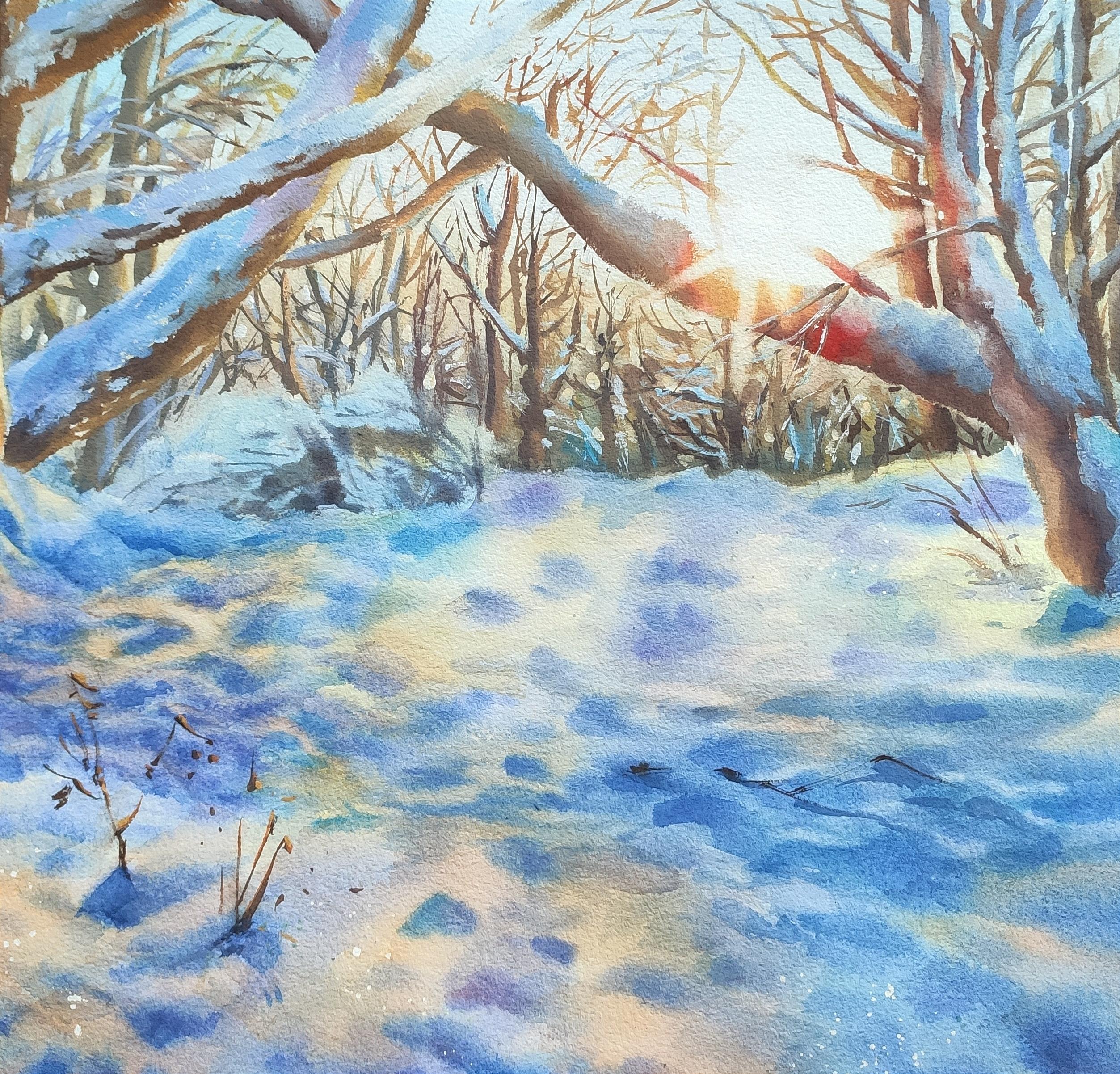 Atardecer de invierno Pintura en acuarela - Landscape Art Azul de Irina Pronina 