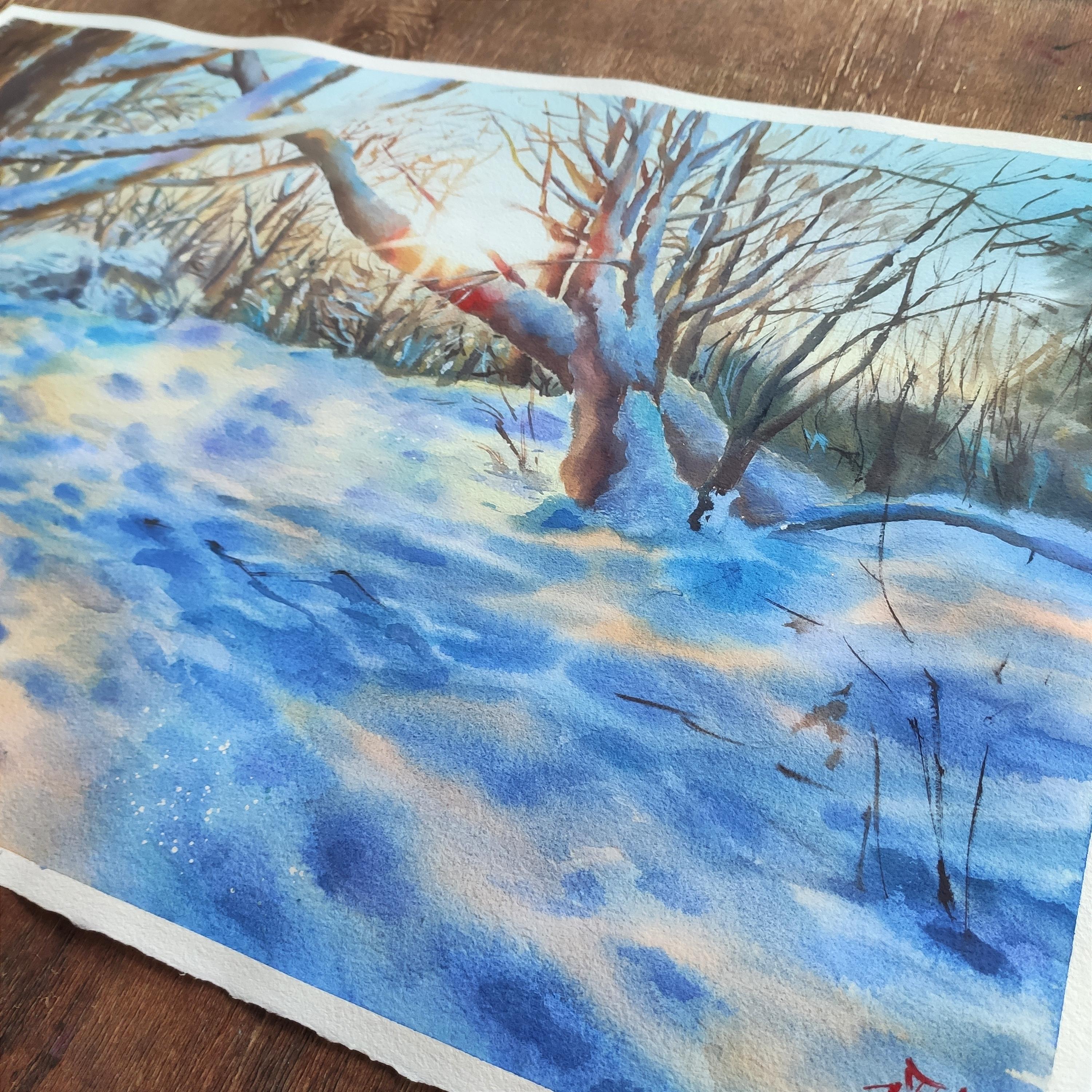 Atardecer de invierno Pintura en acuarela en venta 2