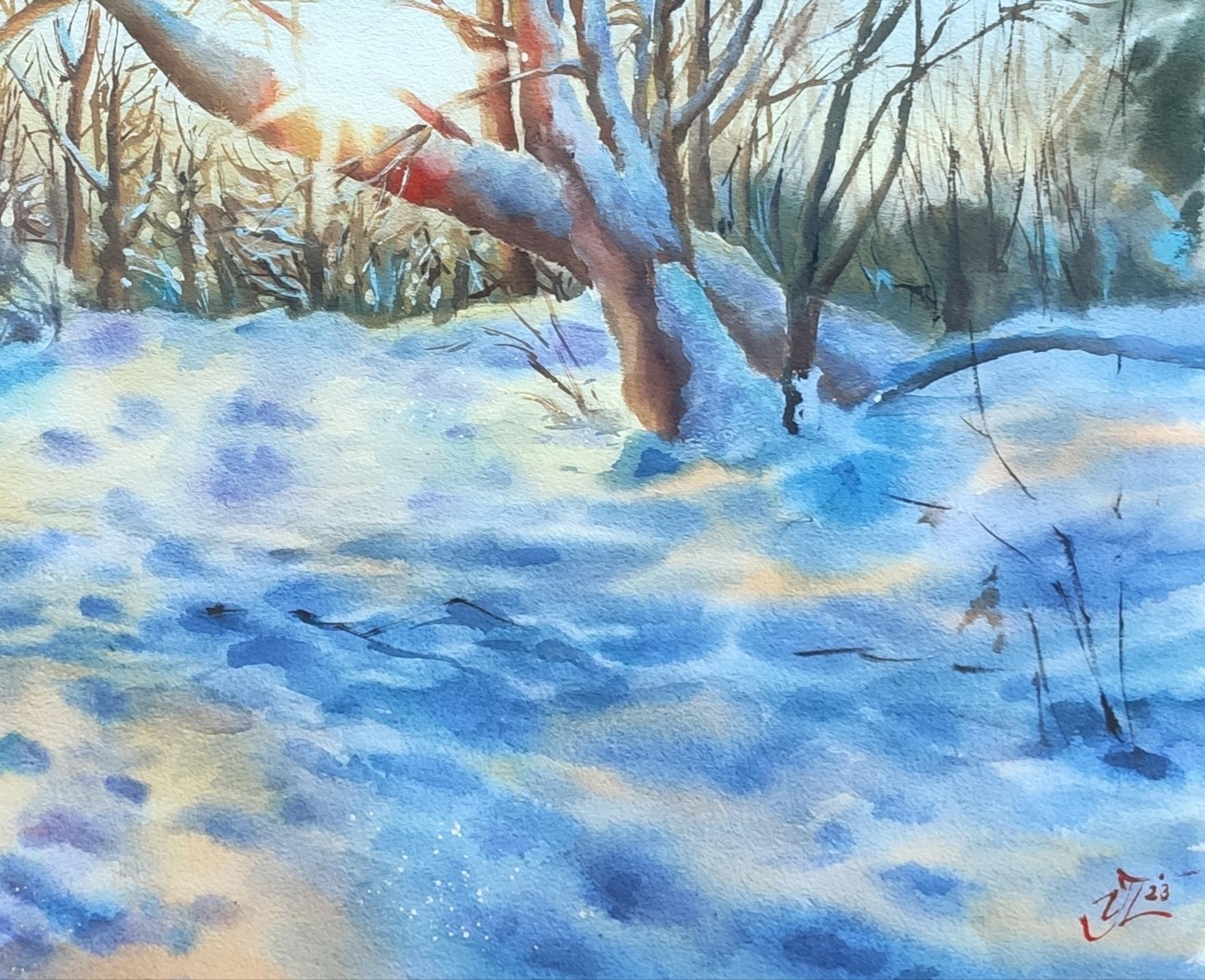 Atardecer de invierno Pintura en acuarela en venta 3