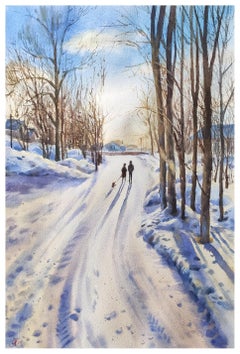 Snowy evening Watercolor painting Winter landscape