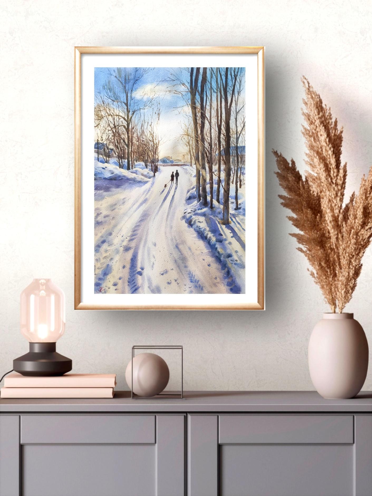 Schneewittchen Abend Aquarellgemälde Winterlandschaft – Art von Irina Pronina 