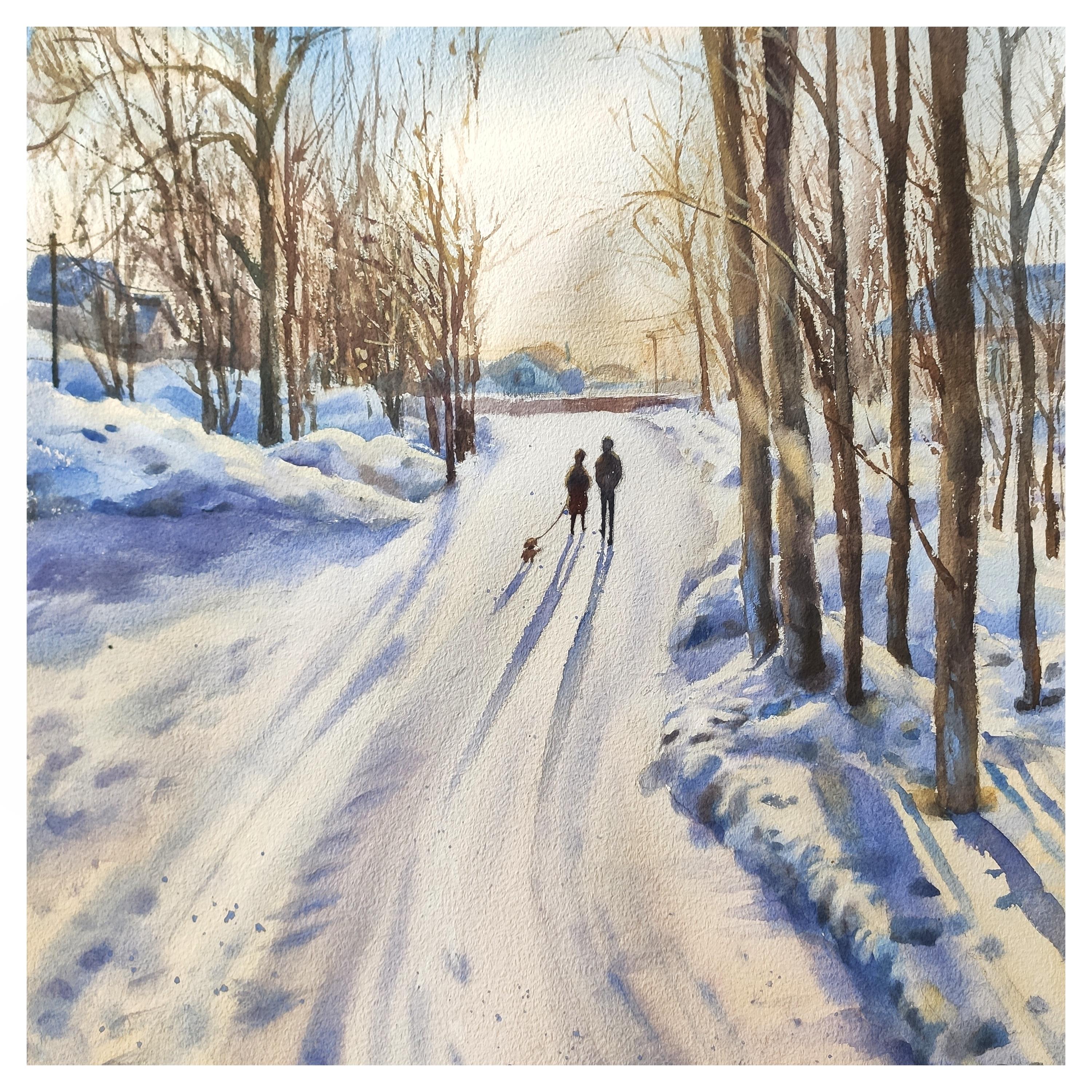 Schneewittchen Abend Aquarellgemälde Winterlandschaft (Grau), Landscape Art, von Irina Pronina 