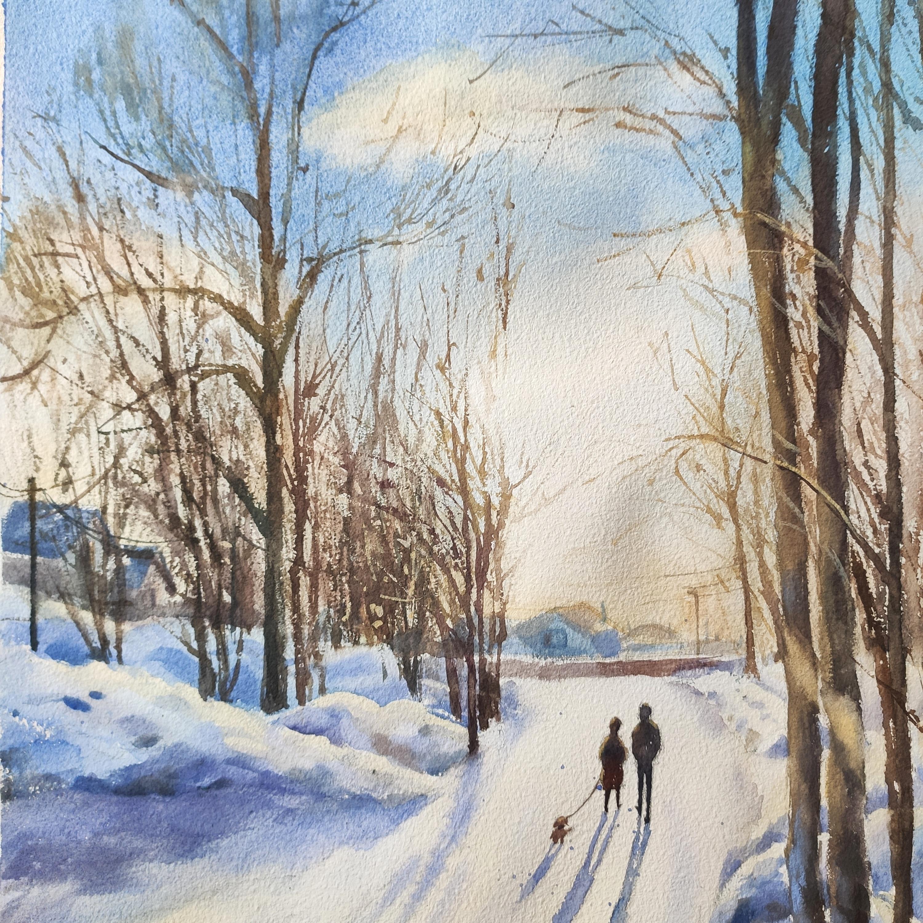 Schneewittchen Abend Aquarellgemälde Winterlandschaft im Angebot 2