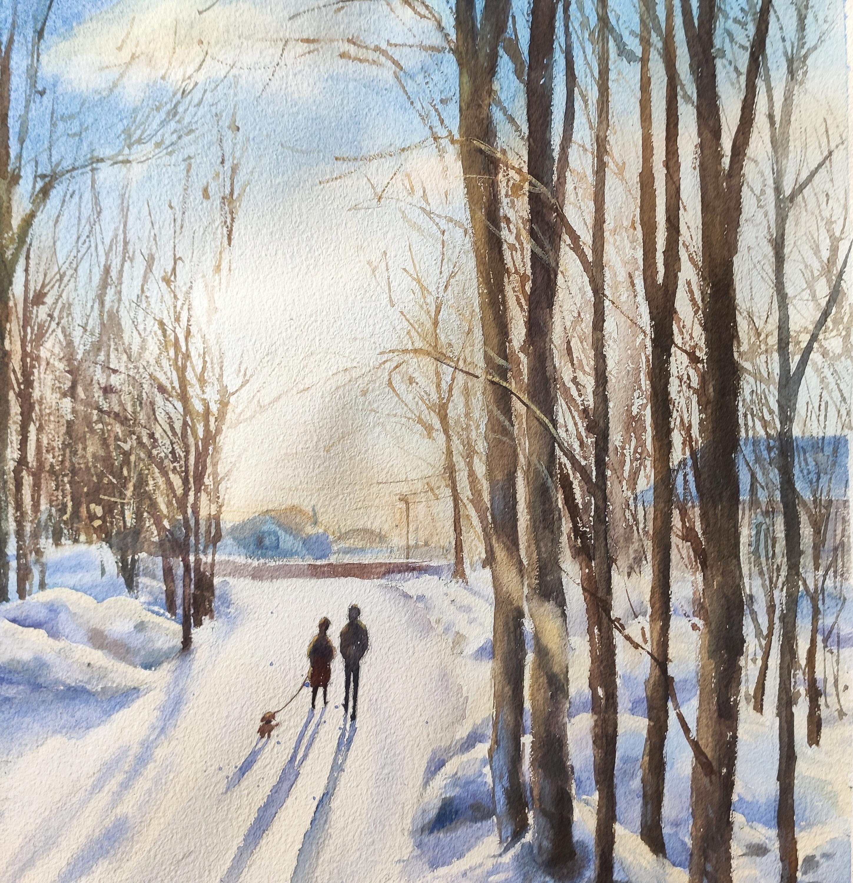 Schneewittchen Abend Aquarellgemälde Winterlandschaft im Angebot 1