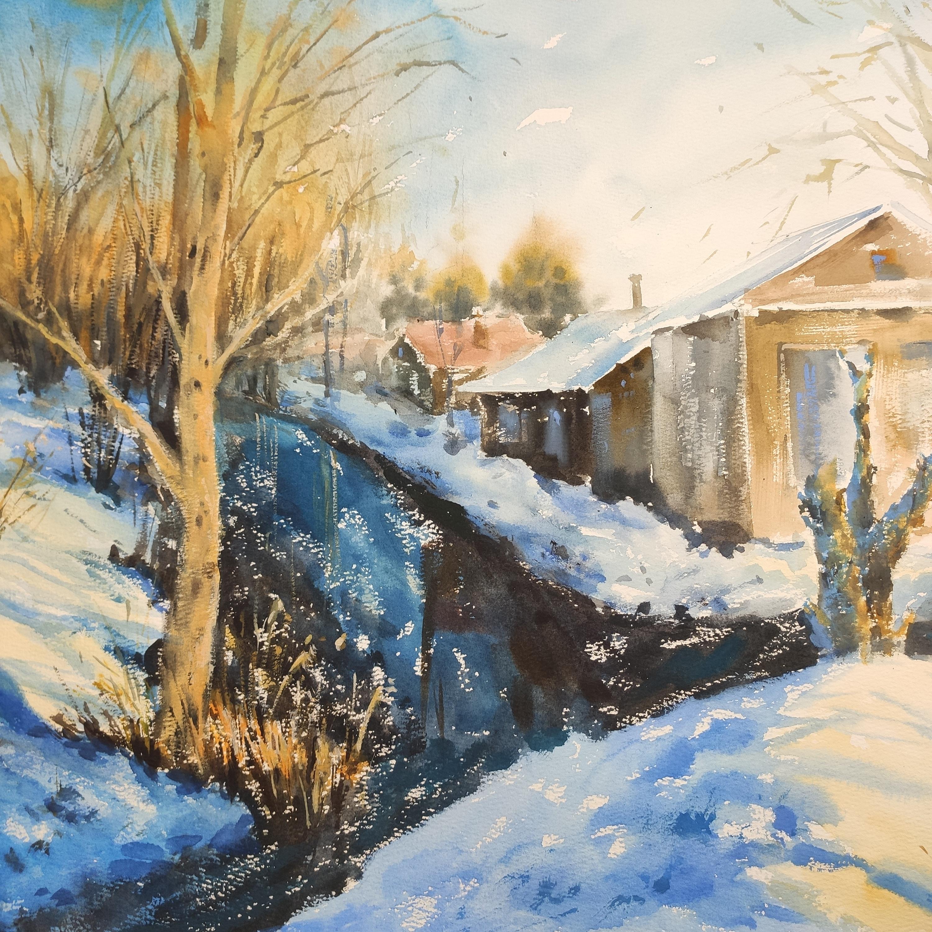 Frühling Licht Aquarell Landschaft (Grau), Landscape Art, von Irina Pronina 