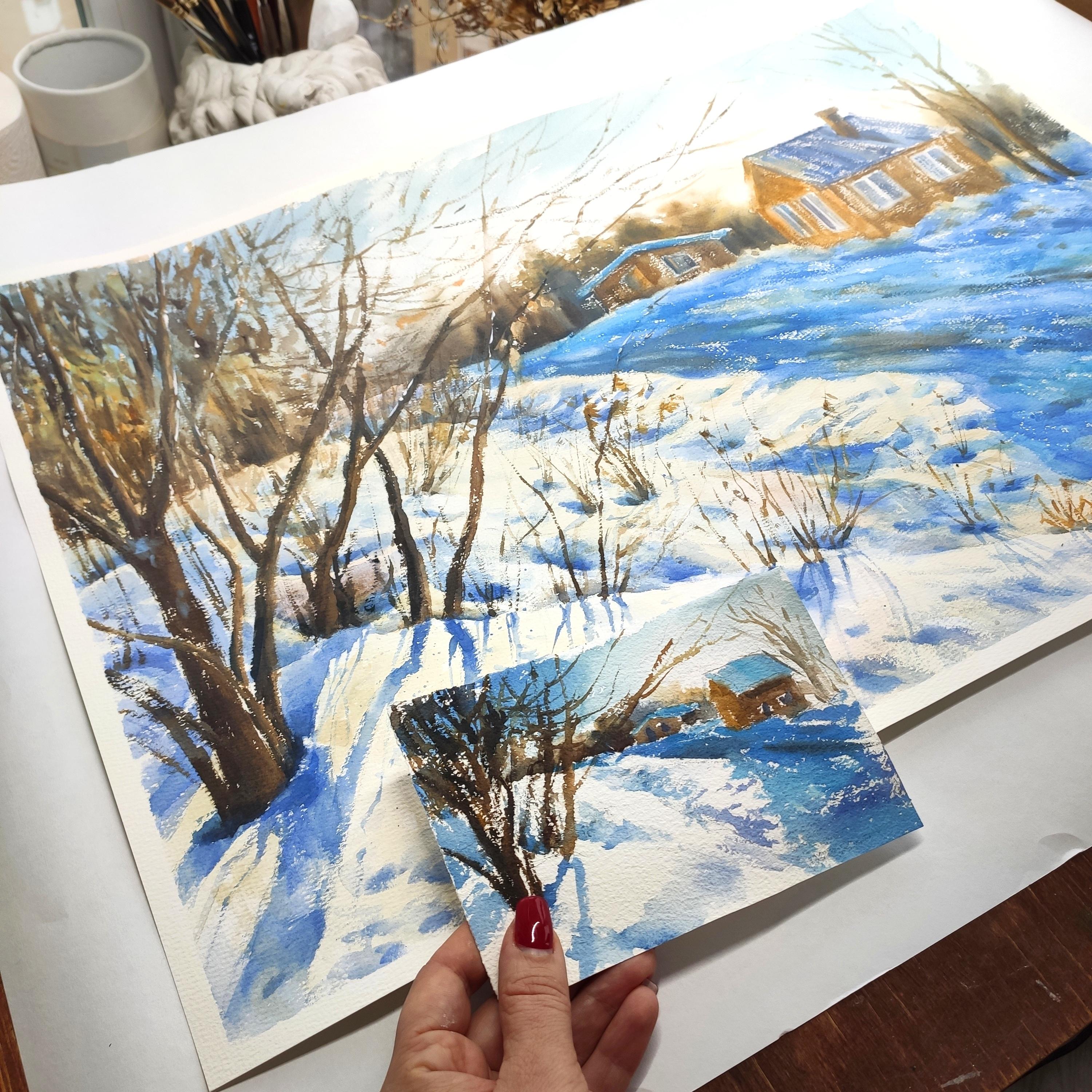 Un giorno nel villaggio Pittura ad acquerello - Landscape Art Blu di Irina Pronina 