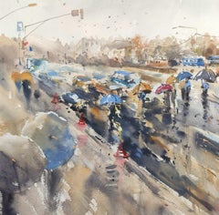 Rain in the city Watercolor cityscape