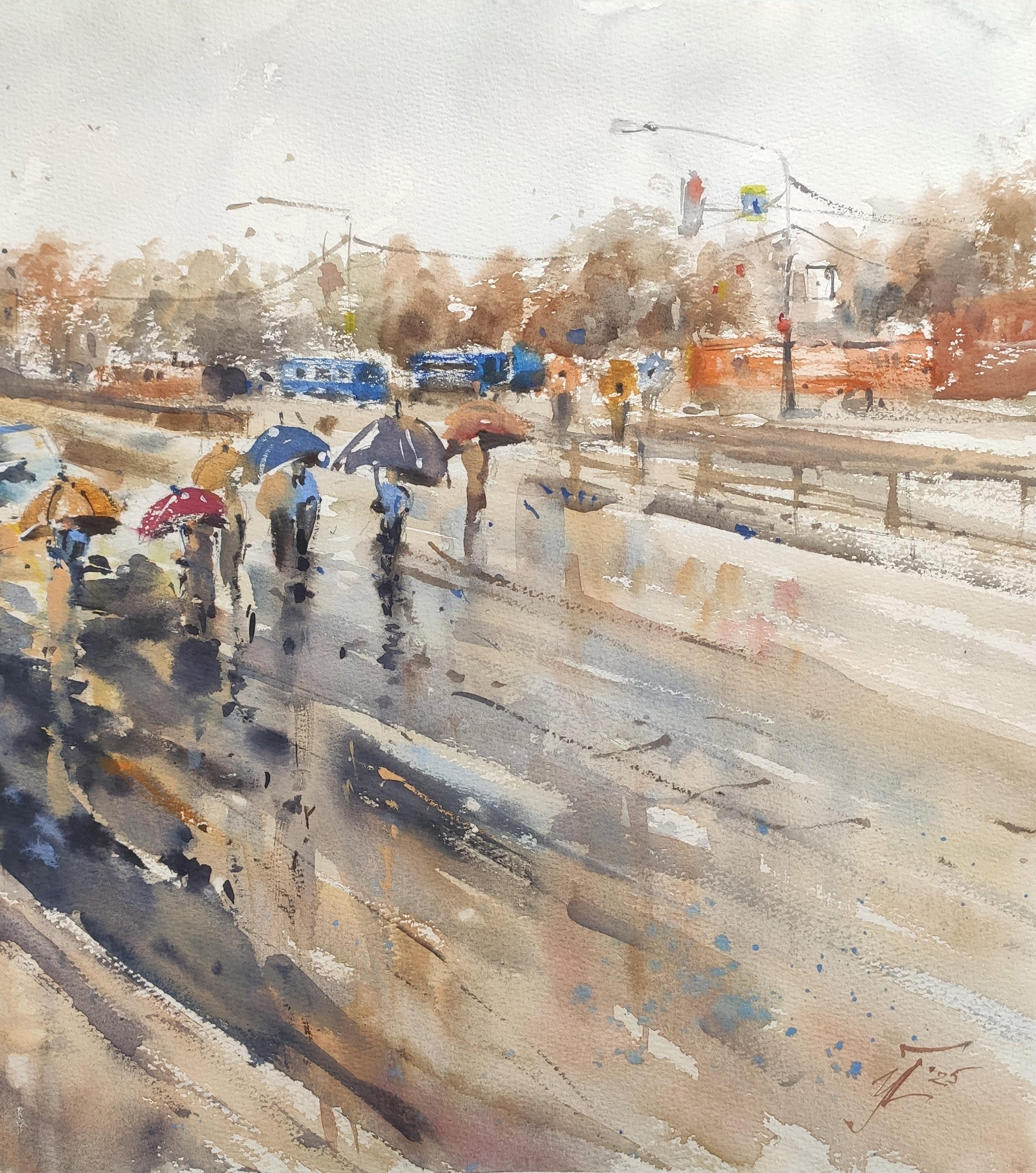 Rain in the city aquarelle - Beige Landscape Art par Irina Pronina 