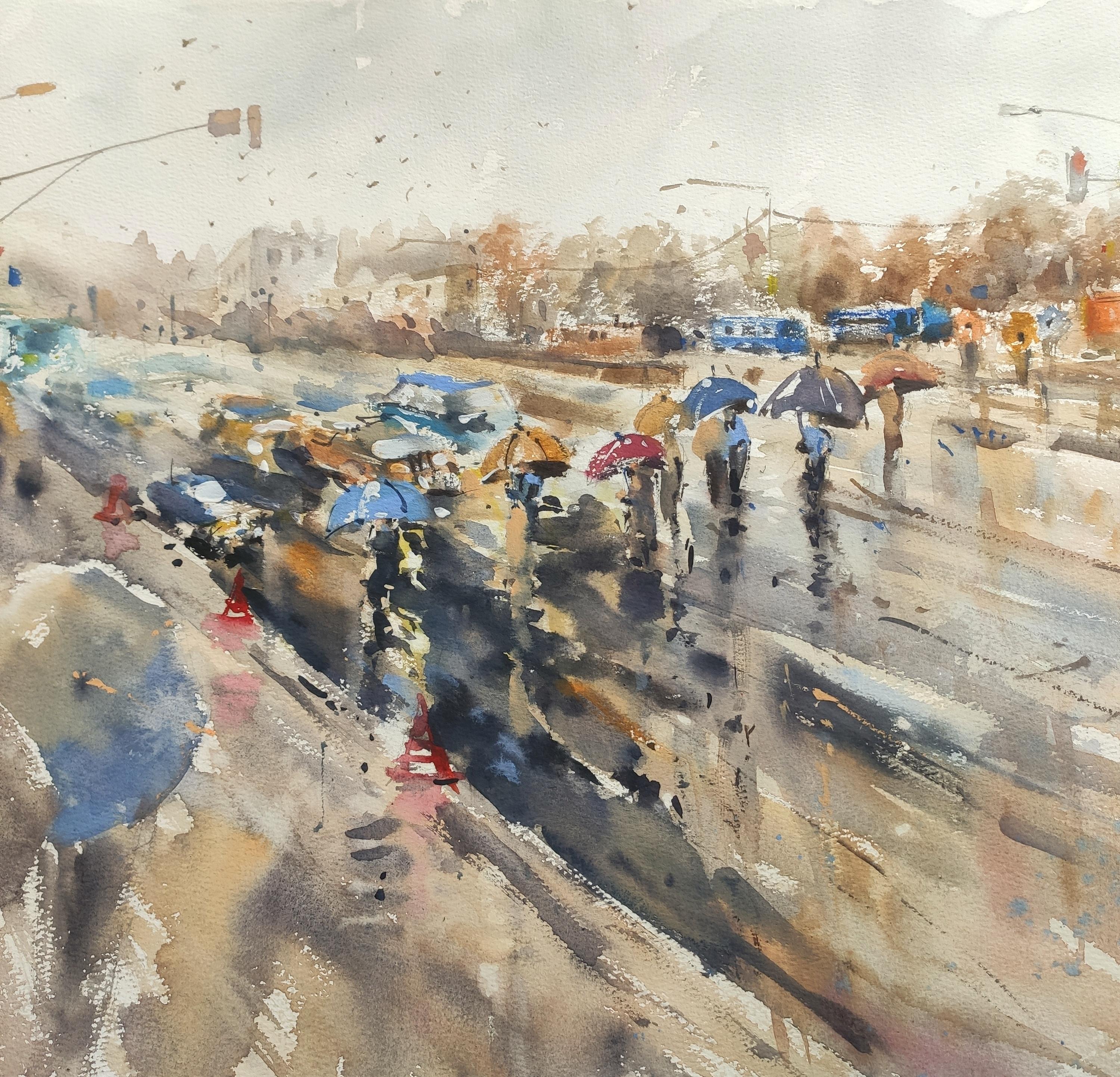Rain in the city aquarelle - Impressionnisme Art par Irina Pronina 