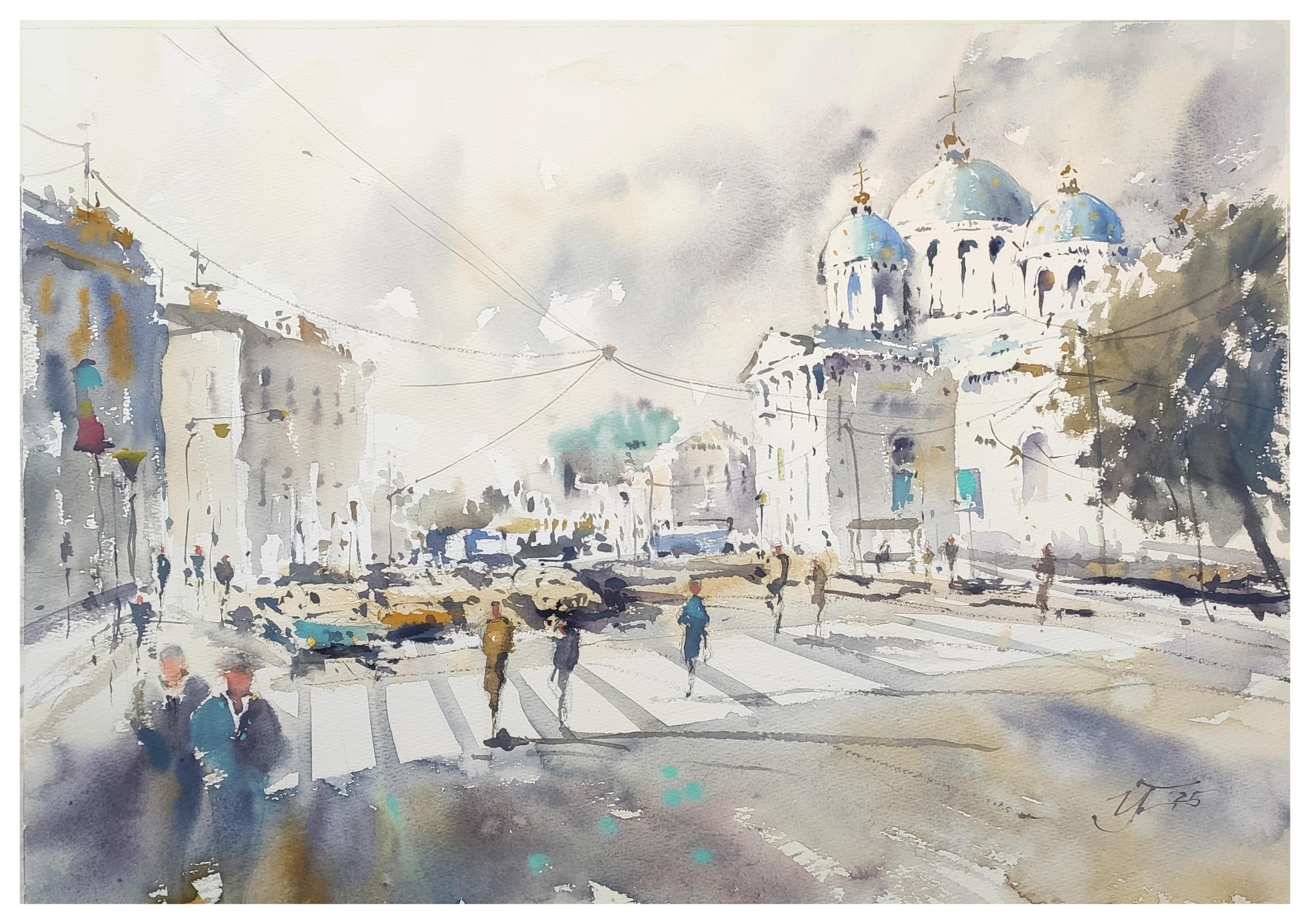 Landscape Art di Irina Pronina - Giornata a San Pietroburgo Paesaggio urbano ad acquerello