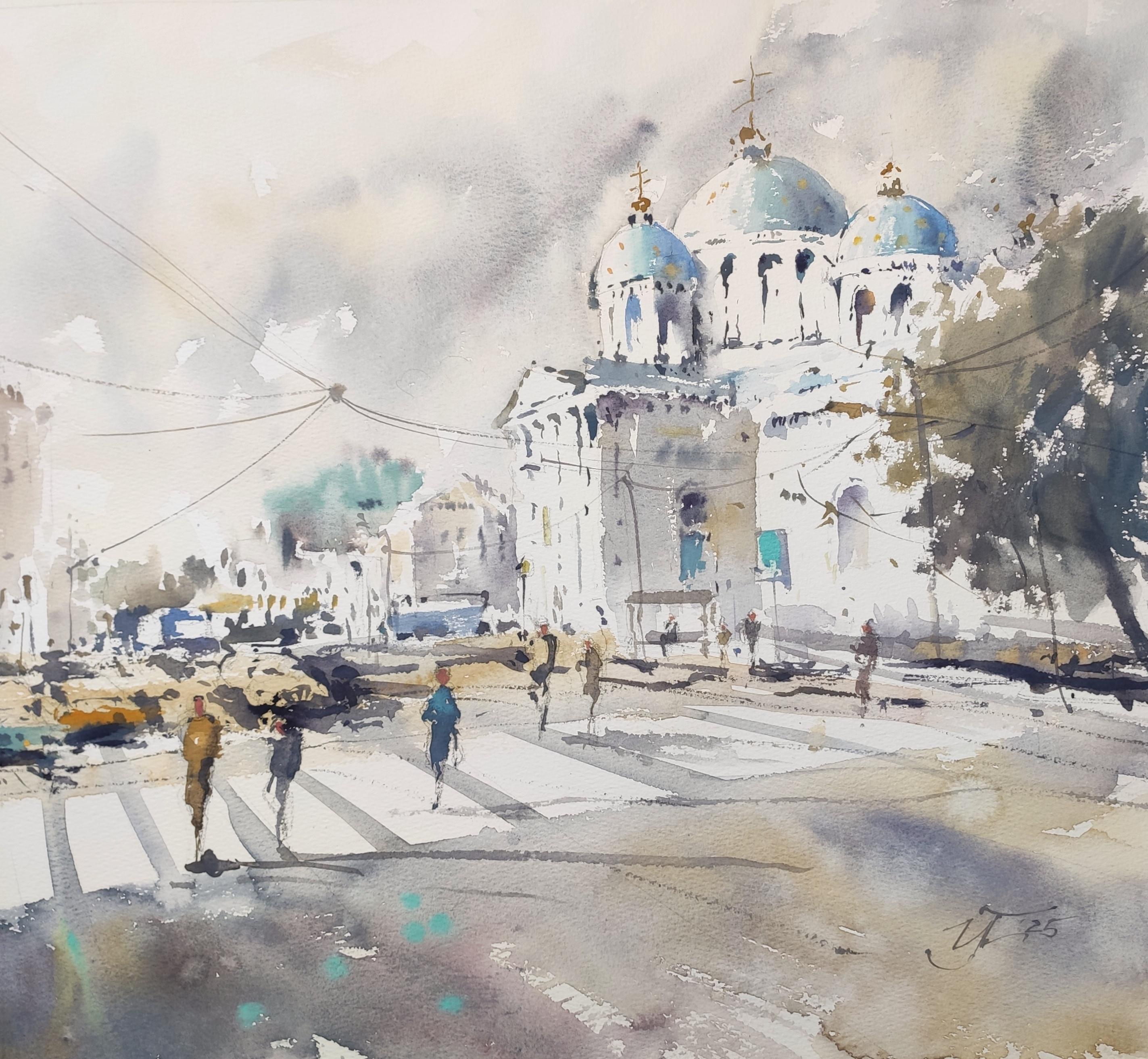 Giornata a San Pietroburgo Paesaggio urbano ad acquerello - Art di Irina Pronina