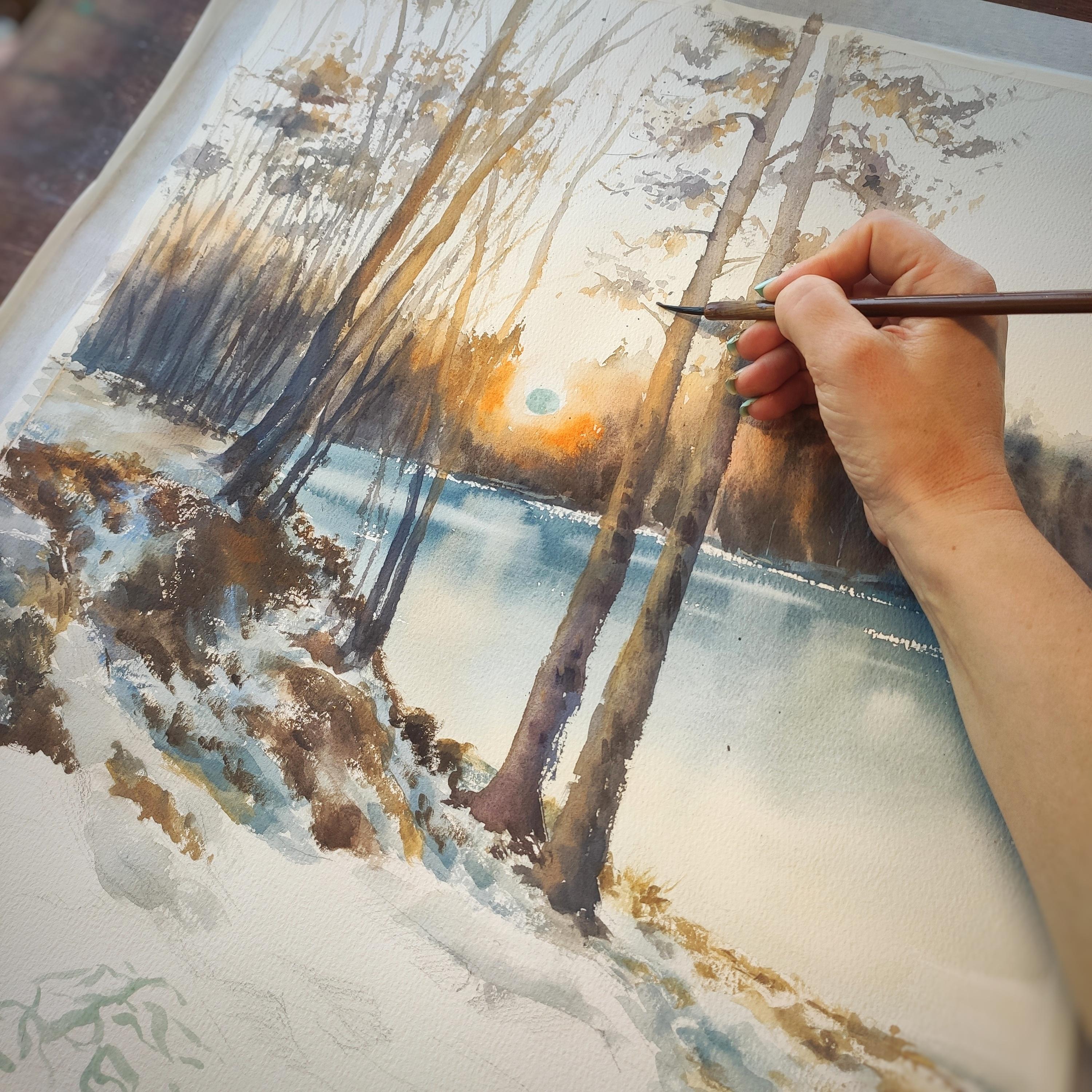 Die letztenstrahlen Aquarell-Landschaft – Art von Irina Pronina 