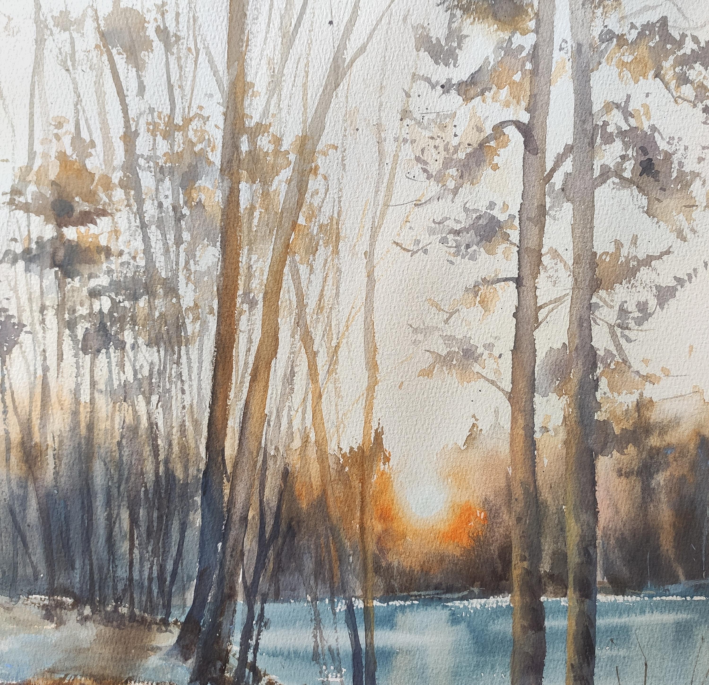 Die letztenstrahlen Aquarell-Landschaft (Grau), Landscape Art, von Irina Pronina 