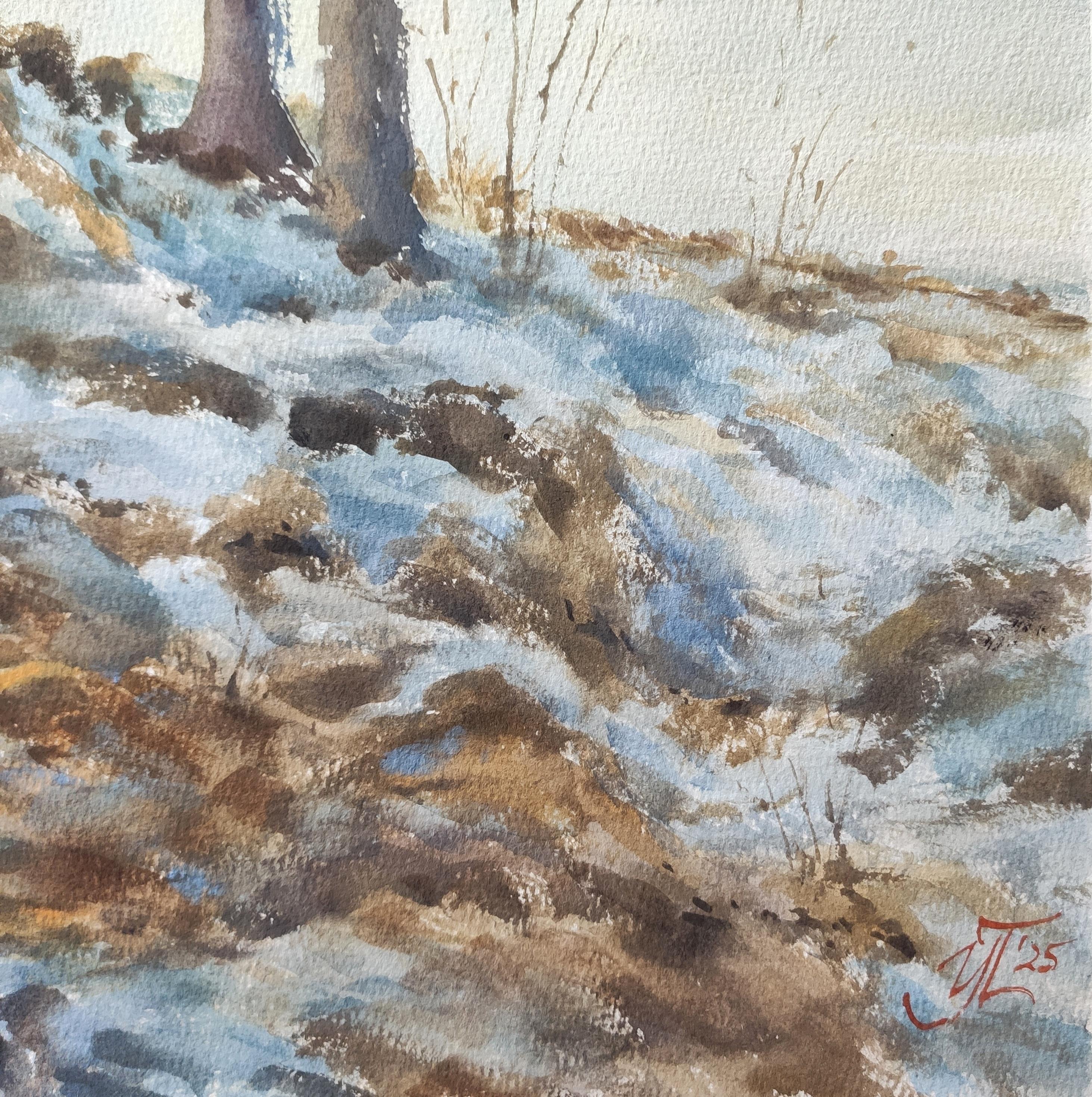 Aquarellmalerei des Winters mit hellen Strahlen der untergehenden Sonne. Tiefe Schneeschatten, ein Winterwald in den Strahlen der Sonne, eine schneebedeckte Erde - dieses Aquarell mit der Landschaft erwies sich als interessant und kontrastreich.das