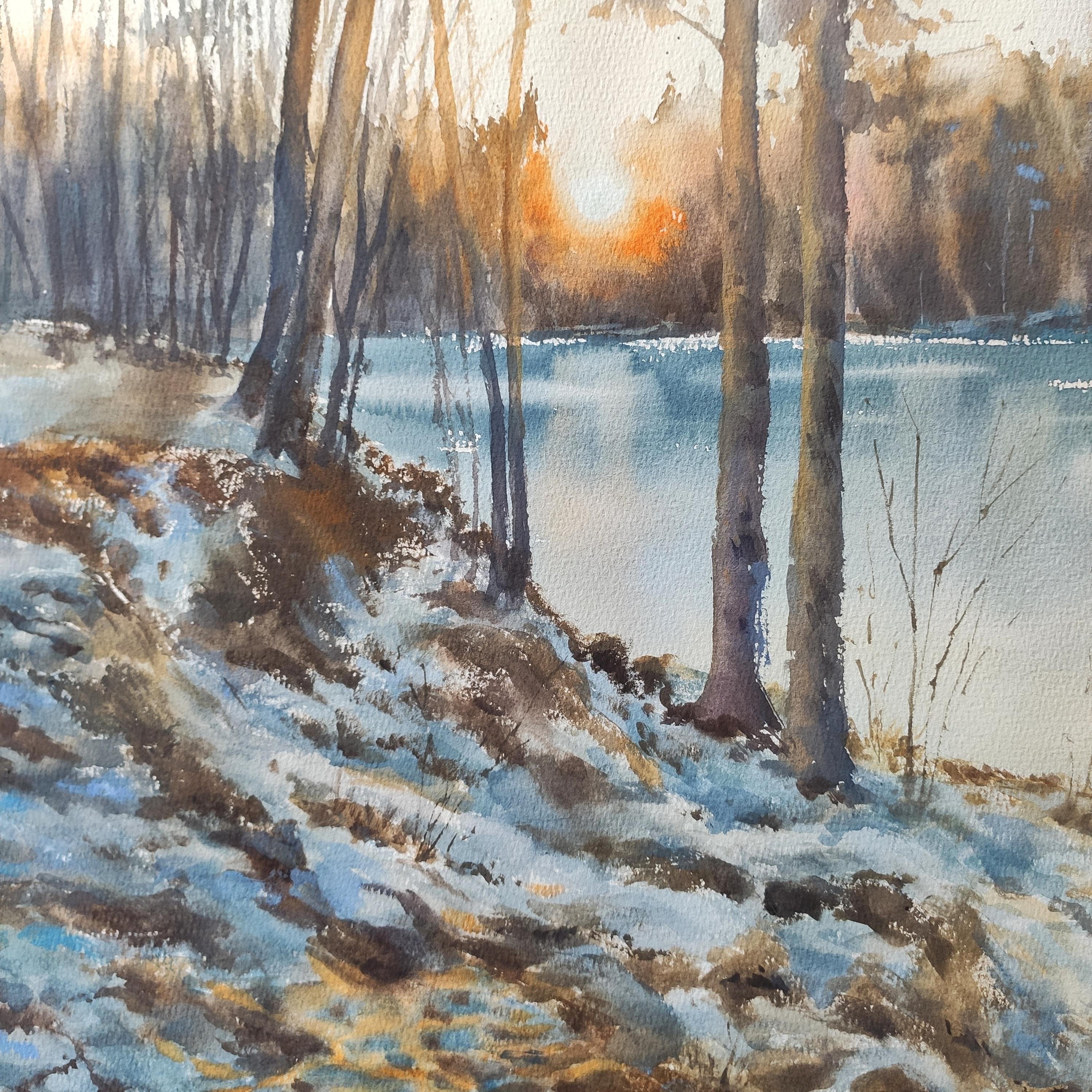 Die letztenstrahlen Aquarell-Landschaft im Angebot 1