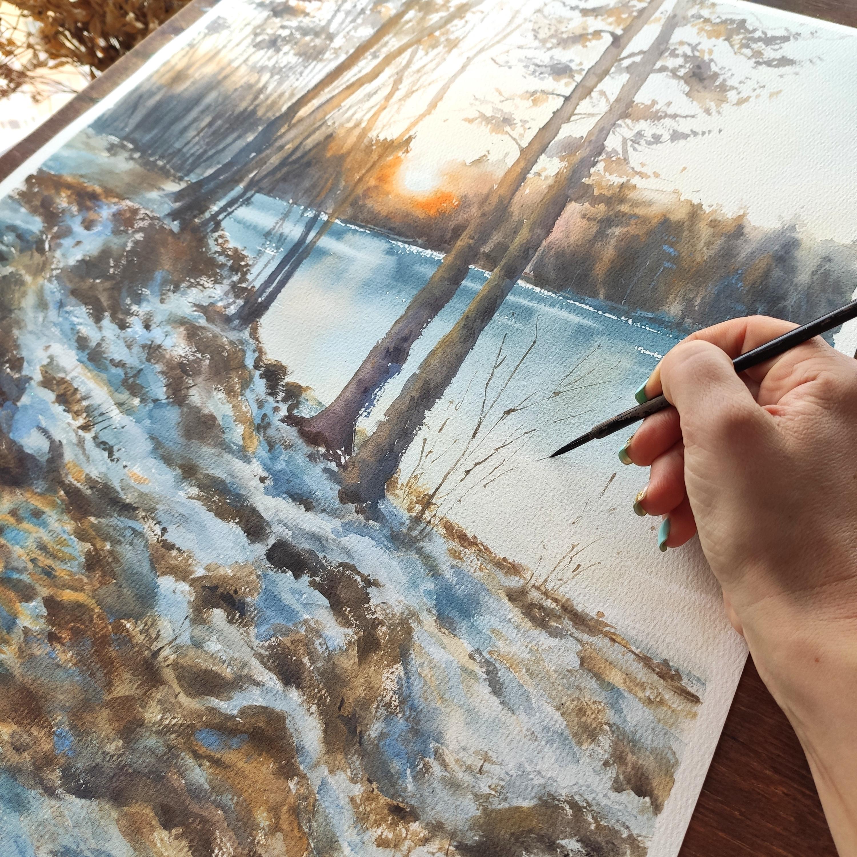Die letztenstrahlen Aquarell-Landschaft im Angebot 4
