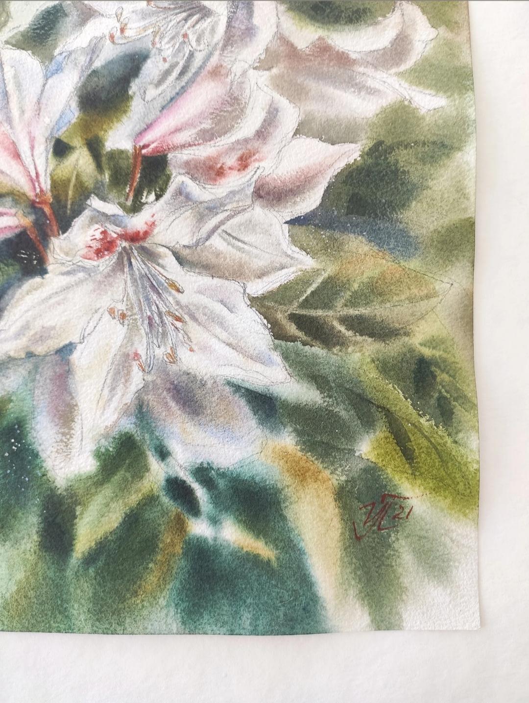 Aquarelle d'un rhododendron en fleurs - Art de Irina Pronina 