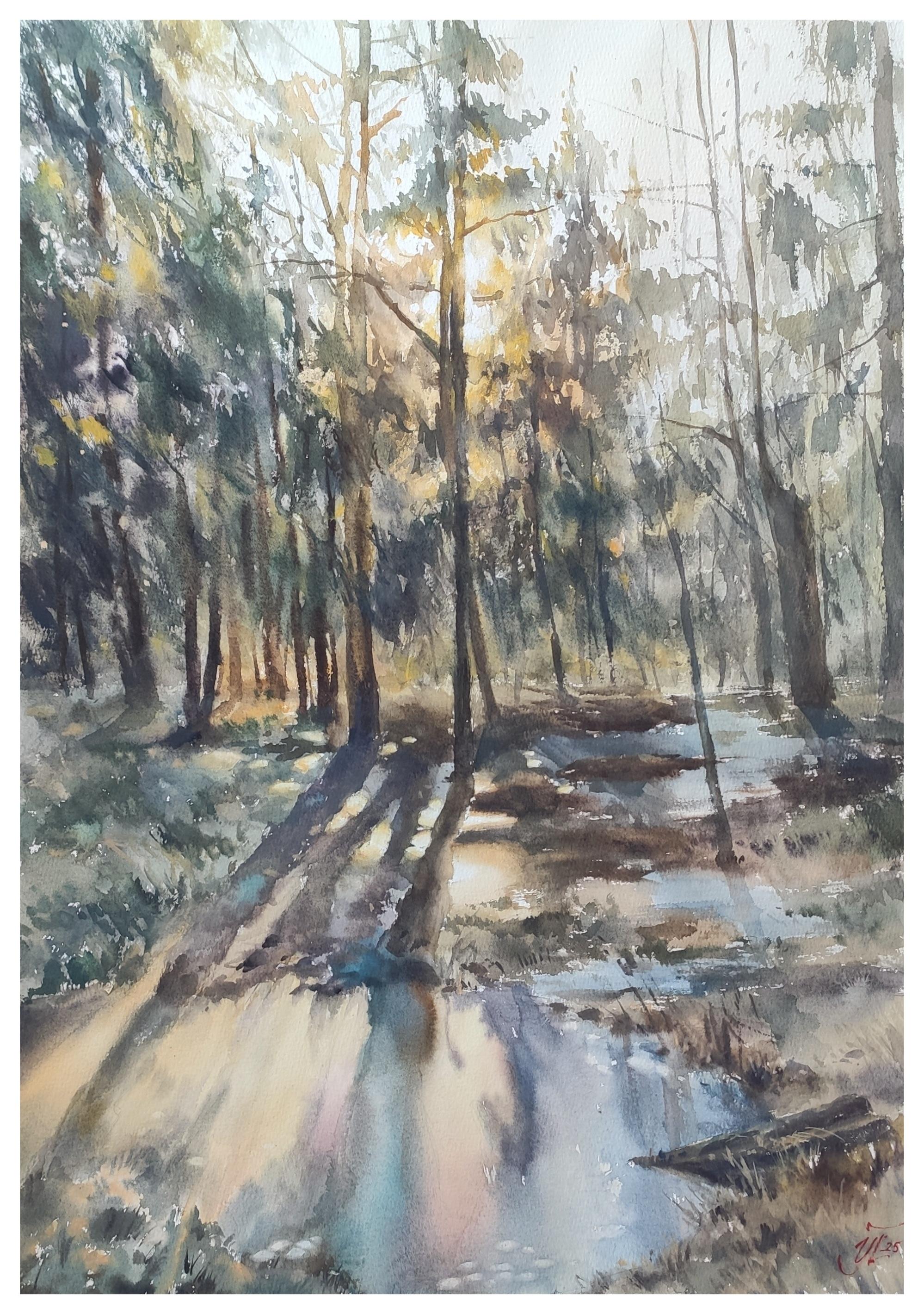 Irina Pronina  Landscape Art – Nach Winter Aquarell-Landschaft