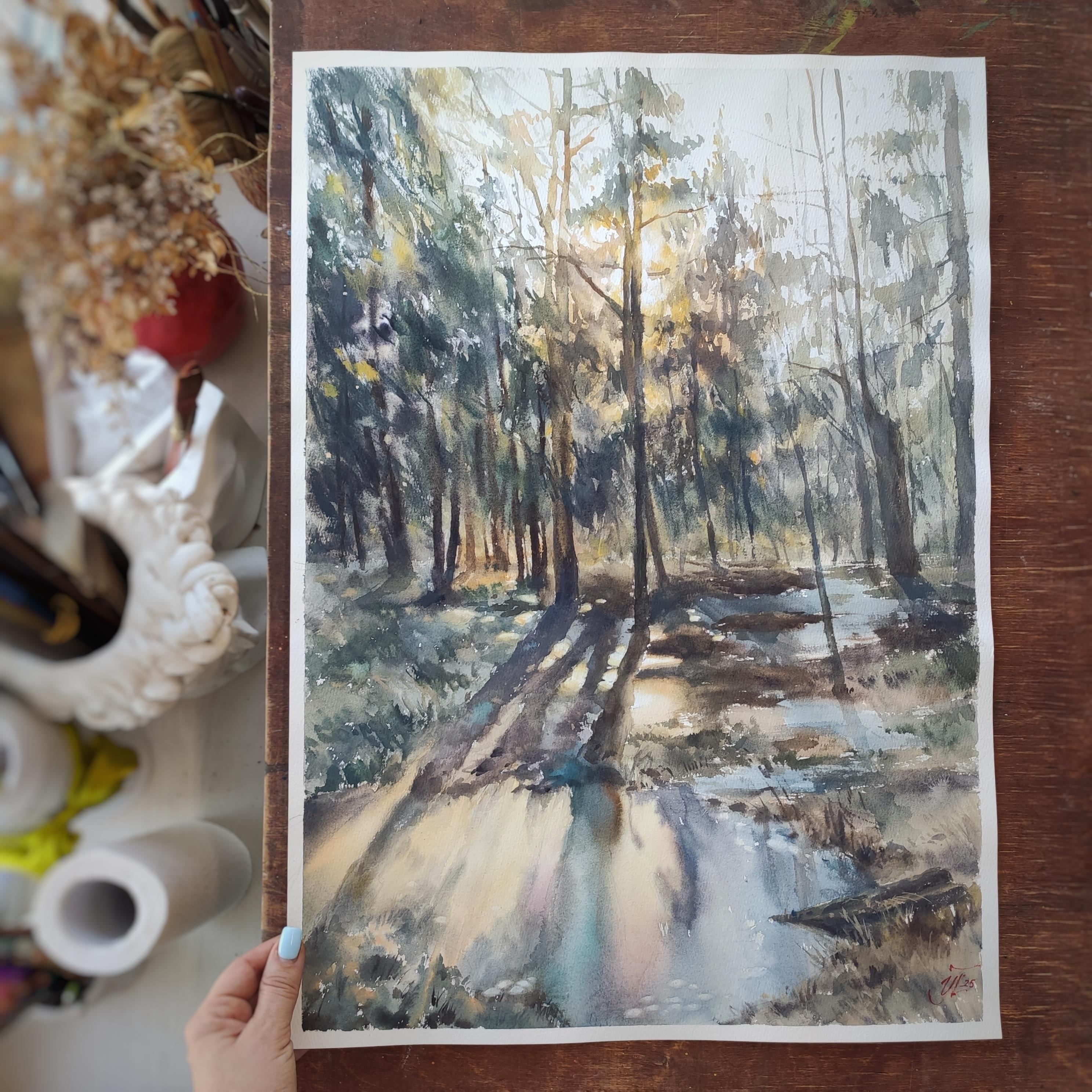 Nach Winter Aquarell-Landschaft – Art von Irina Pronina 