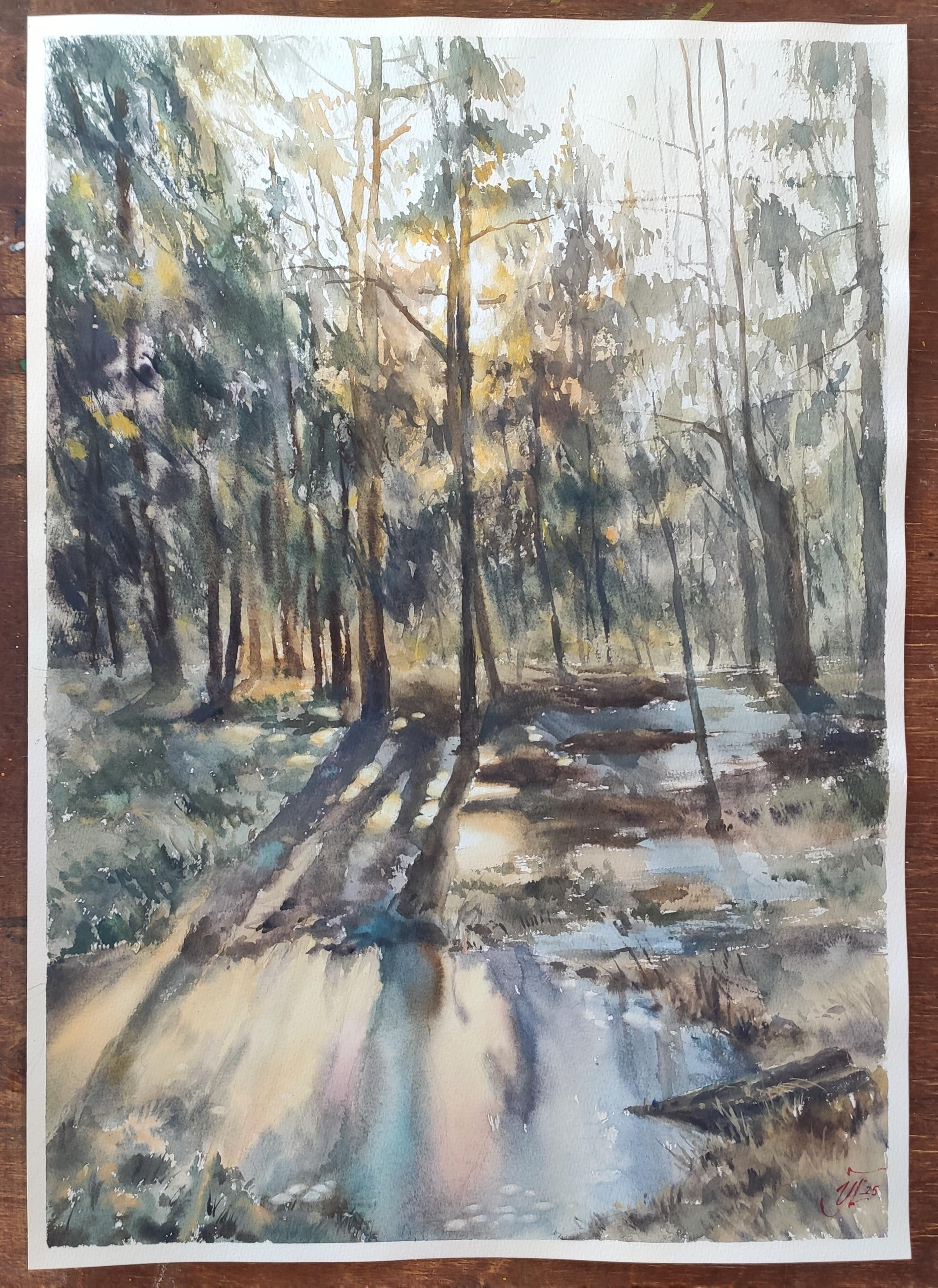 Nach Winter Aquarell-Landschaft (Impressionismus), Art, von Irina Pronina 