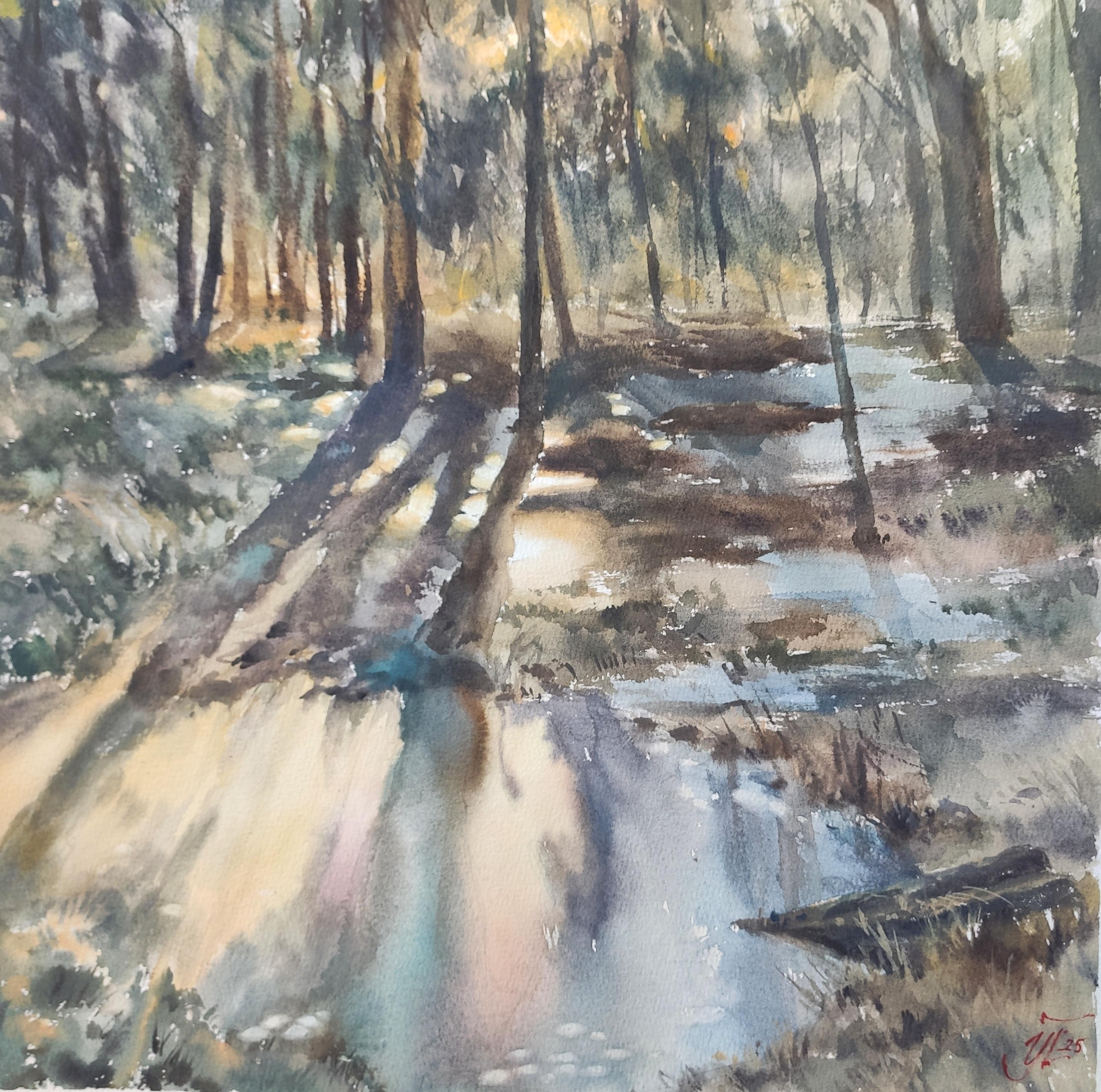 Diese Aquarellmalerei  zeichnet sich durch die besondere Atmosphäre des vorfrühlingshaften Waldes, den Glanz der Sonne und die dichten Schatten der Tannennadeln aus. Die Aquarelllandschaft ist in Grün-, Braun- und Rauchblautönen gehalten. Ein