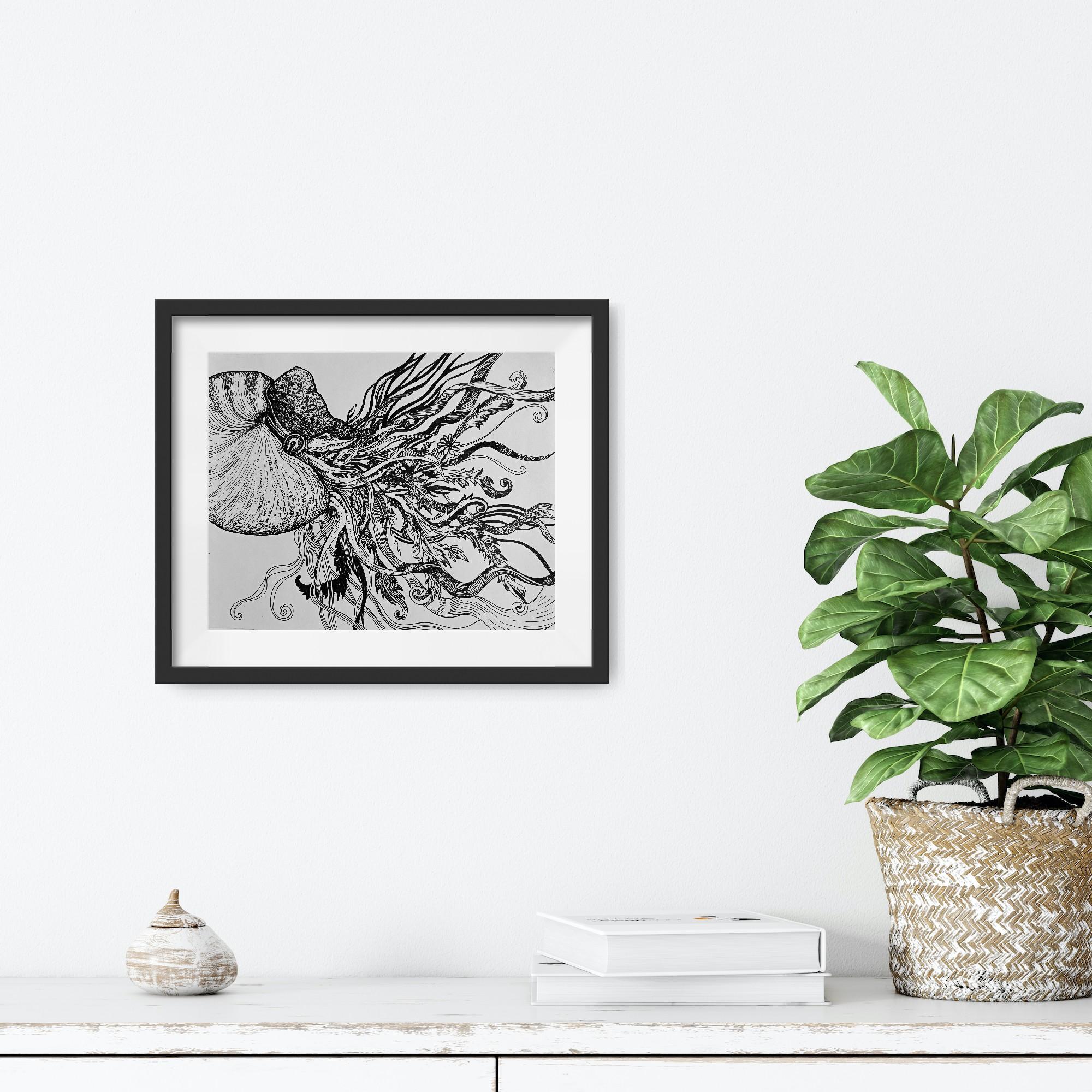 In this piece, Iryna Burda captures the moment of inner birth — not of the body, but of the soul. At the intersection of stillness and tension, a delicate, vulnerable flower begins to emerge through the cracks of a shell — a silent armor that once