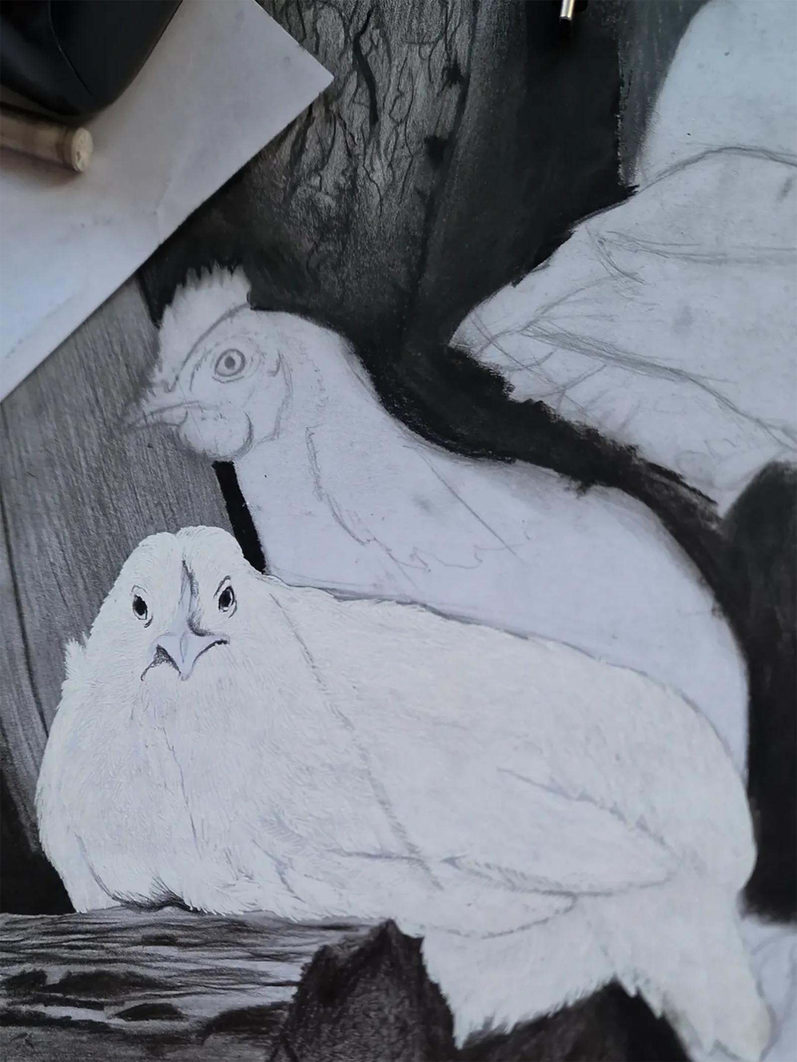 Description de l'œuvre originale :
Il s'agit de la même volée de jeunes oiseaux - audacieux, pleins d'énergie, intrépides et explorant la cour avec confiance. Il s'agit des jeunes coqs osant se mesurer à des rivaux plus mûrs, et des jeunes poules,