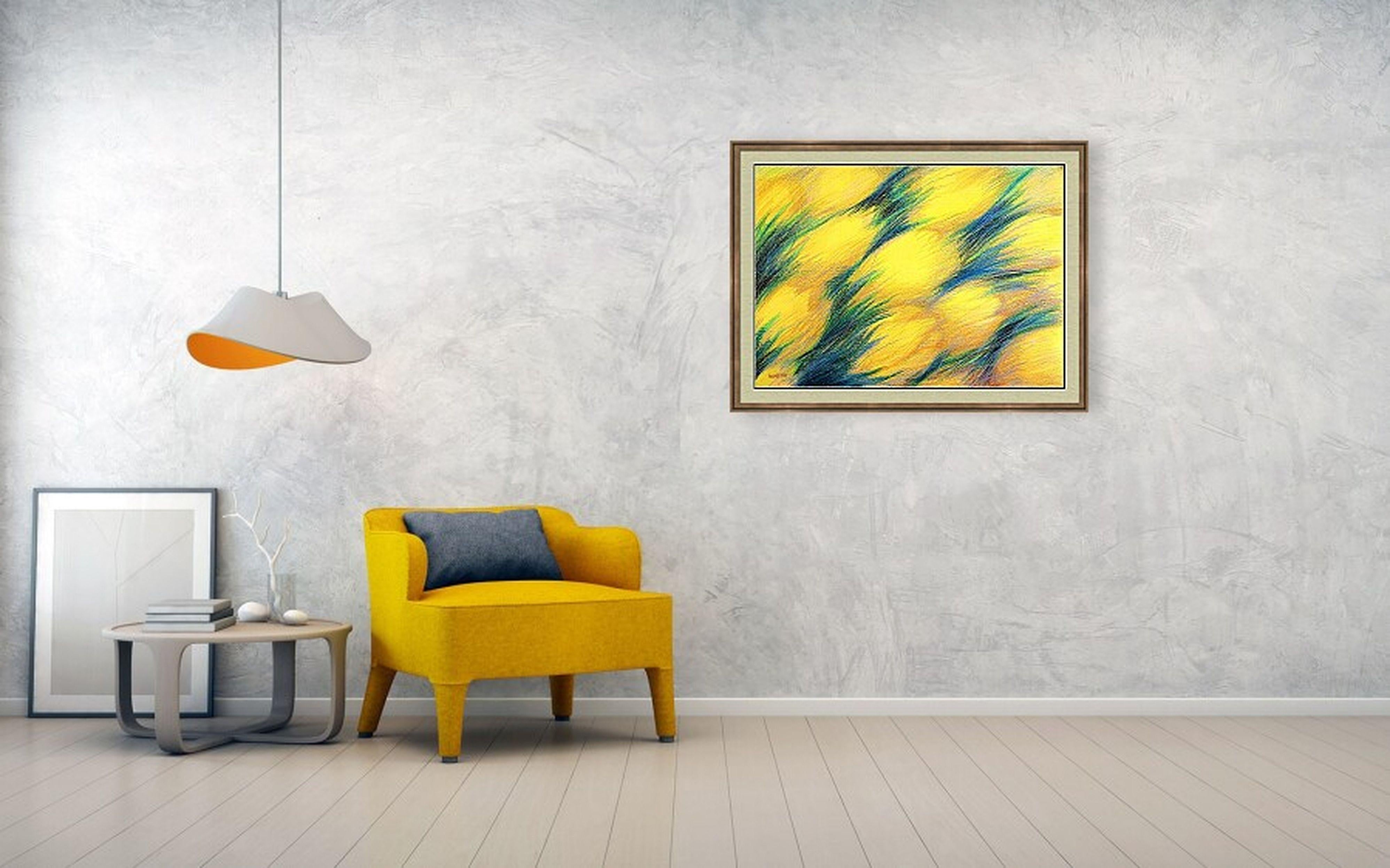 En esta obra, vertí emoción cruda en vibrantes formas de tulipanes amarillos, mezclando pastel al óleo y lápiz de color para crear un movimiento enérgico. Los expresivos trazos capturan una danza espontánea entre luces y sombras, fusionando el