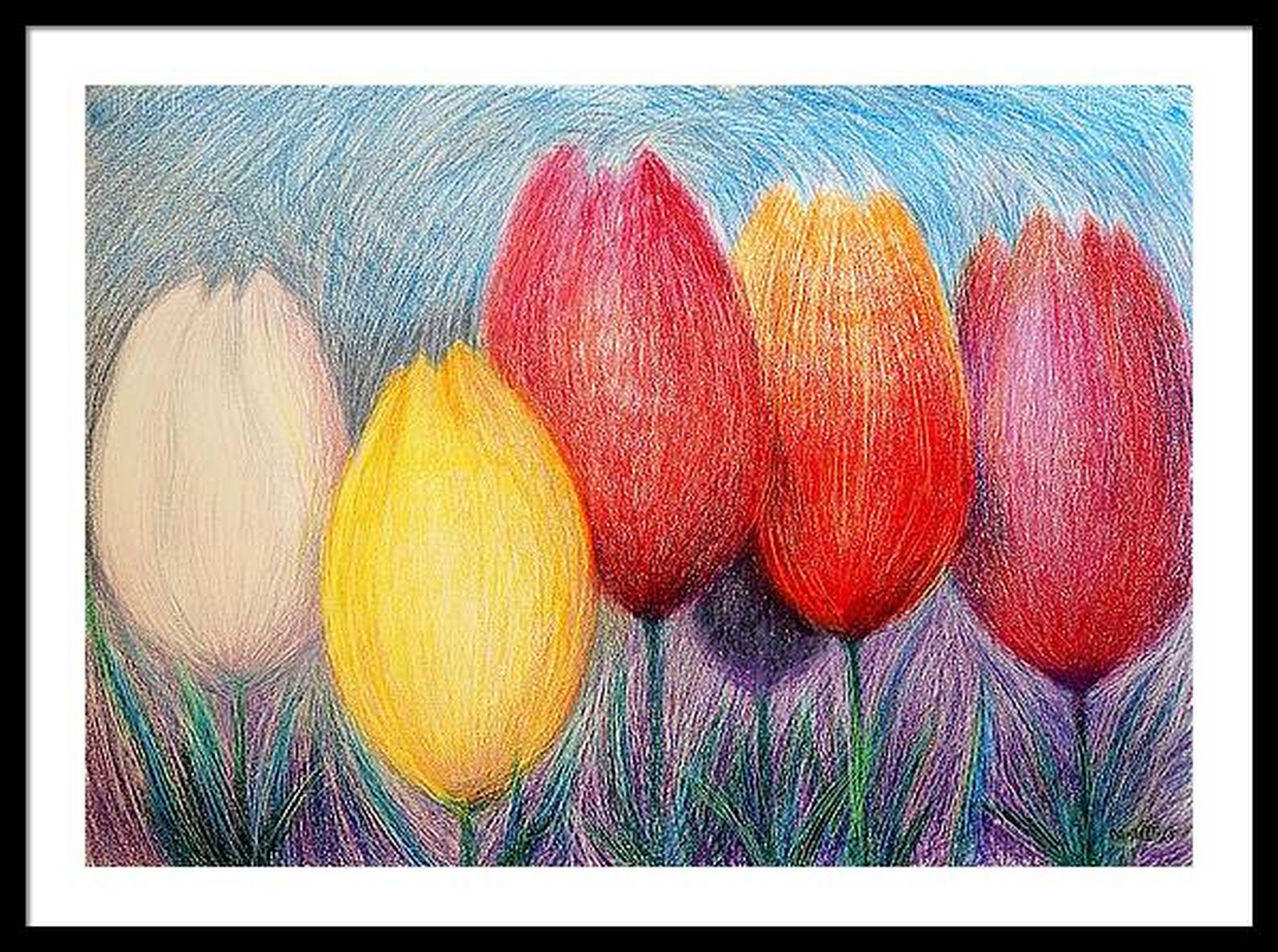 Esta obra de arte presenta una vibrante disposición de cinco tulipanes, cada uno de un color único, sobre un fondo azul texturizado. Las flores muestran un suave gradiente de colores: del blanco suave al amarillo intenso, pasando por varios tonos de