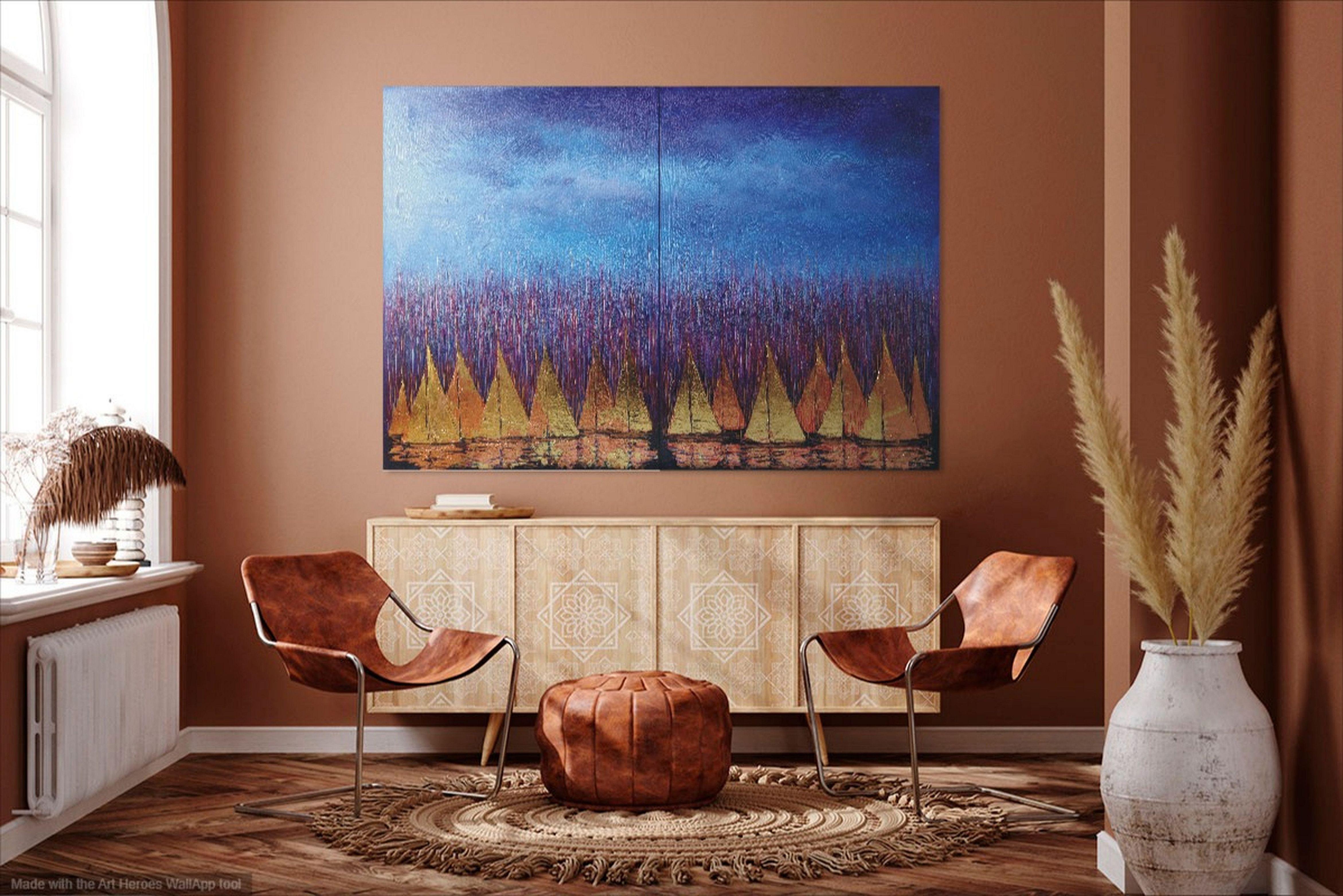 Golden Sails diptyque 110x160cm (chaque côté :110x80cm.)   7000  evro
Toile de lin, huile, acrylique, potal, pastel à l'huile.
Cette œuvre d'art présente un paysage envoûtant dominé par un contraste saisissant entre les formes géométriques et